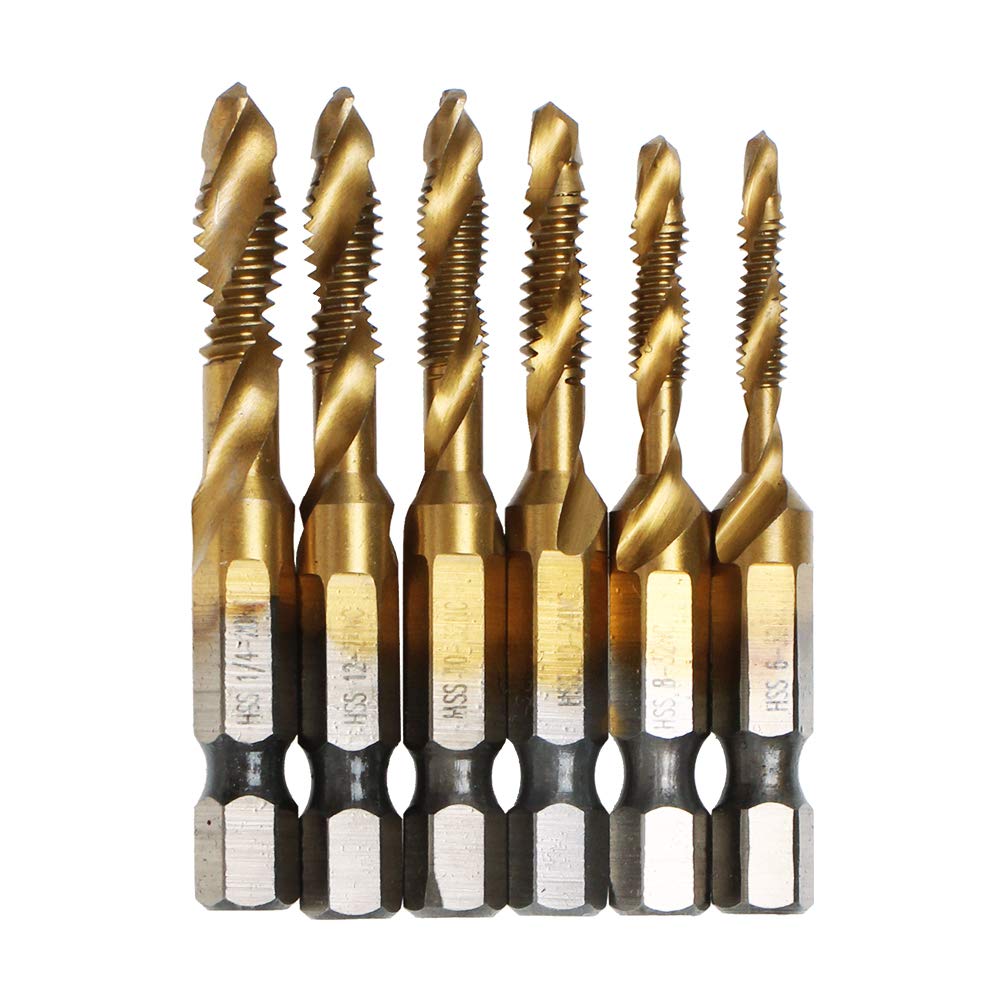 AUTOTOOLHOME 6 Pack Titanium Combination Drill Tap Bit Set Screw Tapping SAE 6-32NC 8-32NC 10-24NC 10-32NC 12-24NC 1/4-20NC