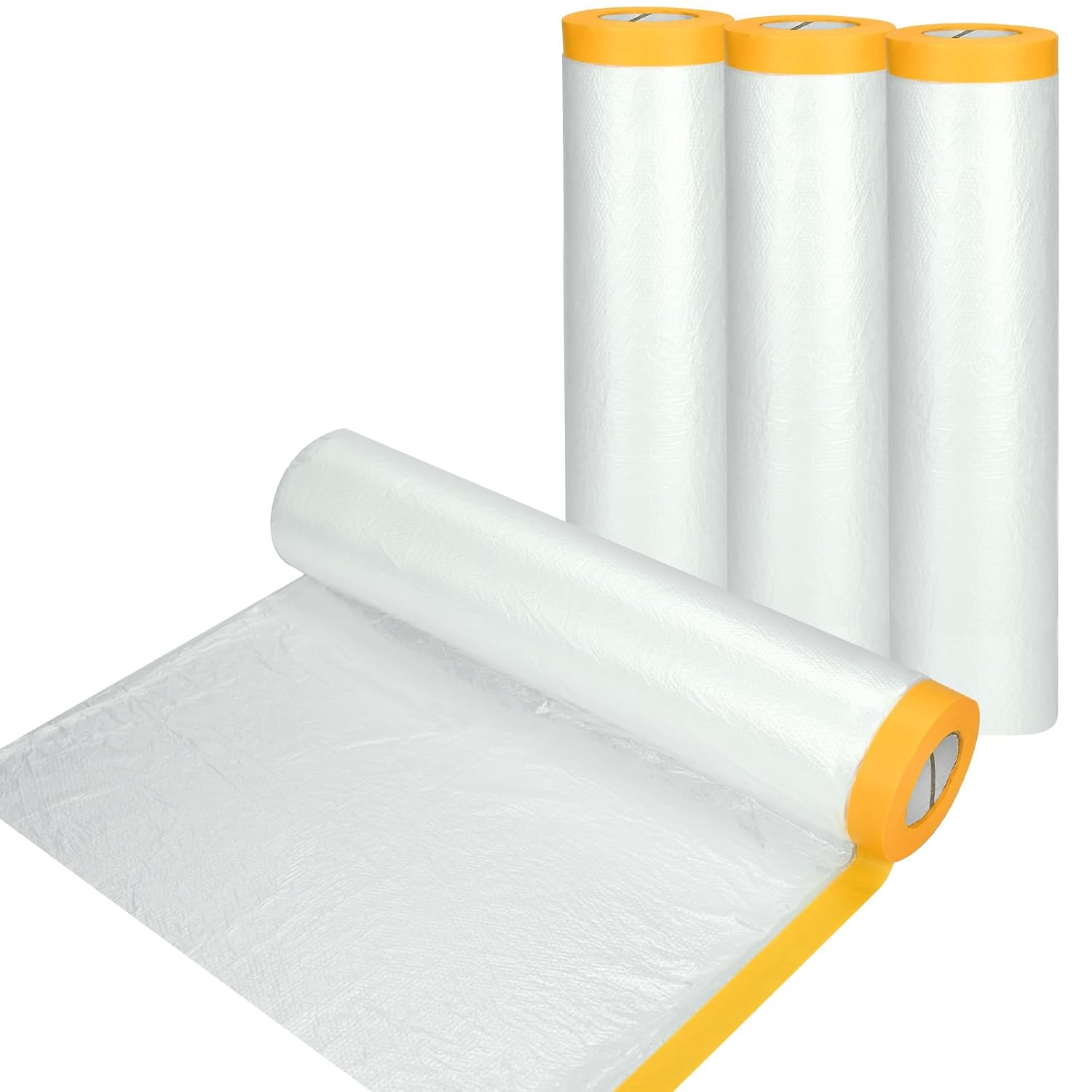 4 Rolls 2.4M x 20M Plastic Dust Sheet for Decorating, Self-Adhesive Painting Drop Film, Waterproof & Tear Resistant Polythene Sheeting, Transparent Masking Film for Painting Furniture Floor Covering