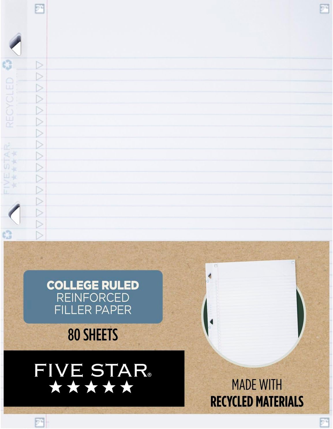 Five Star Loose Leaf Paper + Study App, Recycled Notebook Paper, College Ruled Paper, 8-1/2" x 11", 80 Sheets, Reinforced Filler Paper (170023)