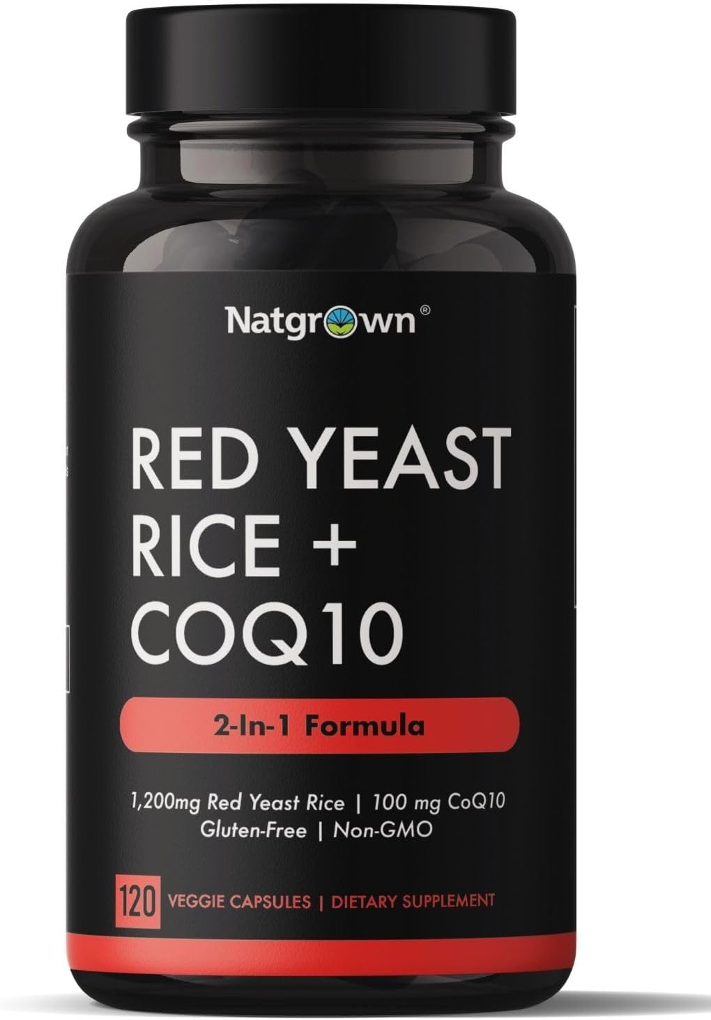 Natgrown Red Yeast Rice 1200 mg with CoQ10 Capsules - Vegan, Non-GMO Supplement | 120 Ct