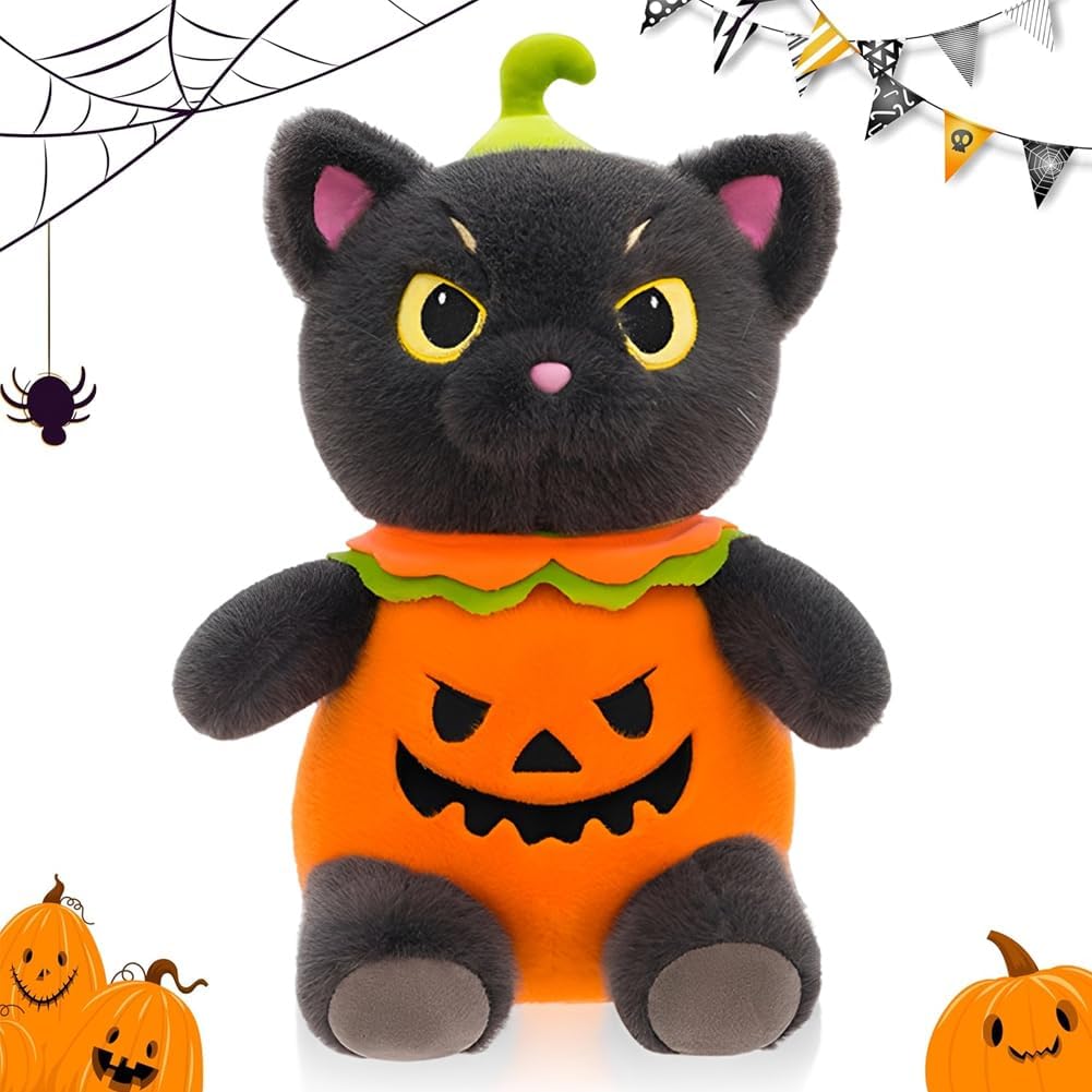 KAOVCXR Cat Plush Toy, Soft Cat Stuffed Animals Pillow Kawaii Realistic Halloween Pumpkin Plush Hugging Sleeping Doll Christmas Birthday Office Decor Holiday Surprise Gift for Kids Boys Girls