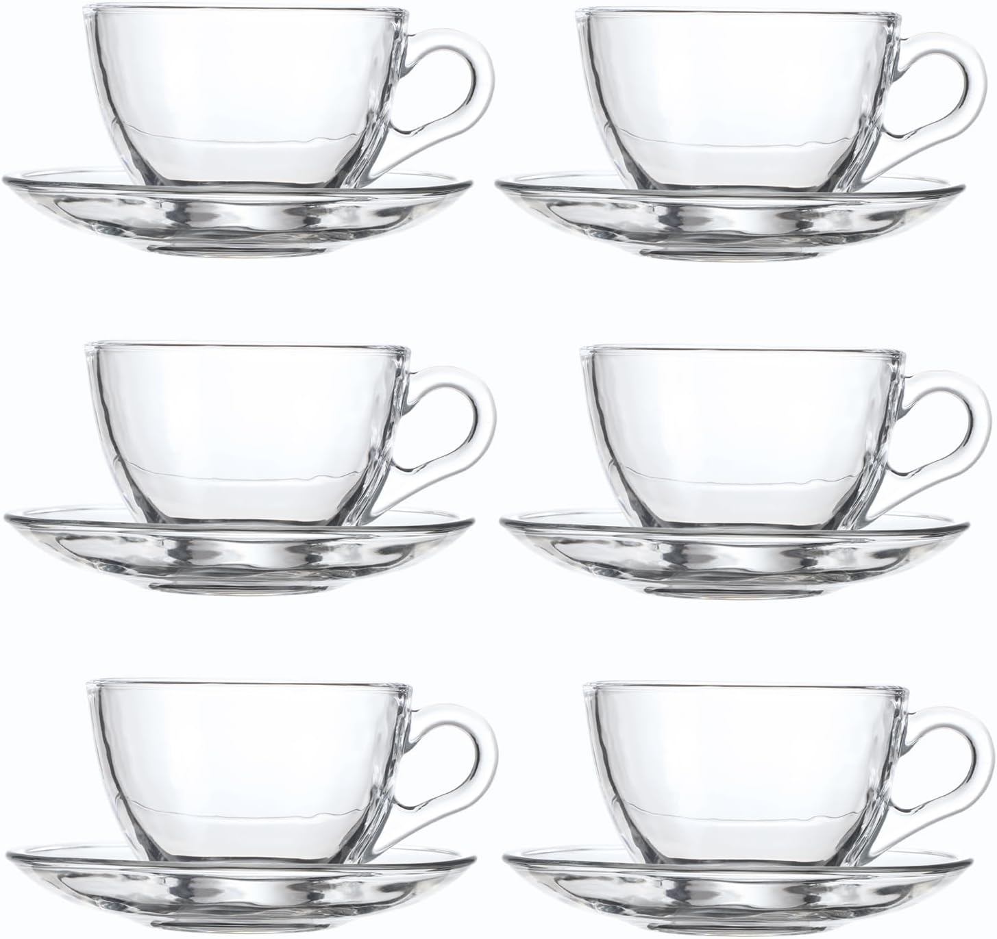 Glass Teacup and Saucer Set, 6 Pack Coffee Mug with Stainless Steel Spoon Suitable for Espresso Juice Cappuccino and More Beverage, 7OZ/210ML, Clear