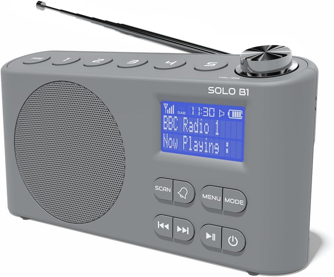 DAB/DAB+ & FM Portable Digital Radio | Bluetooth | Rechargeable Battery | Dual Alarms & Sleep Timer | Perfect for Home, Office or Outdoors | AZATOM Solo B1 (Grey)