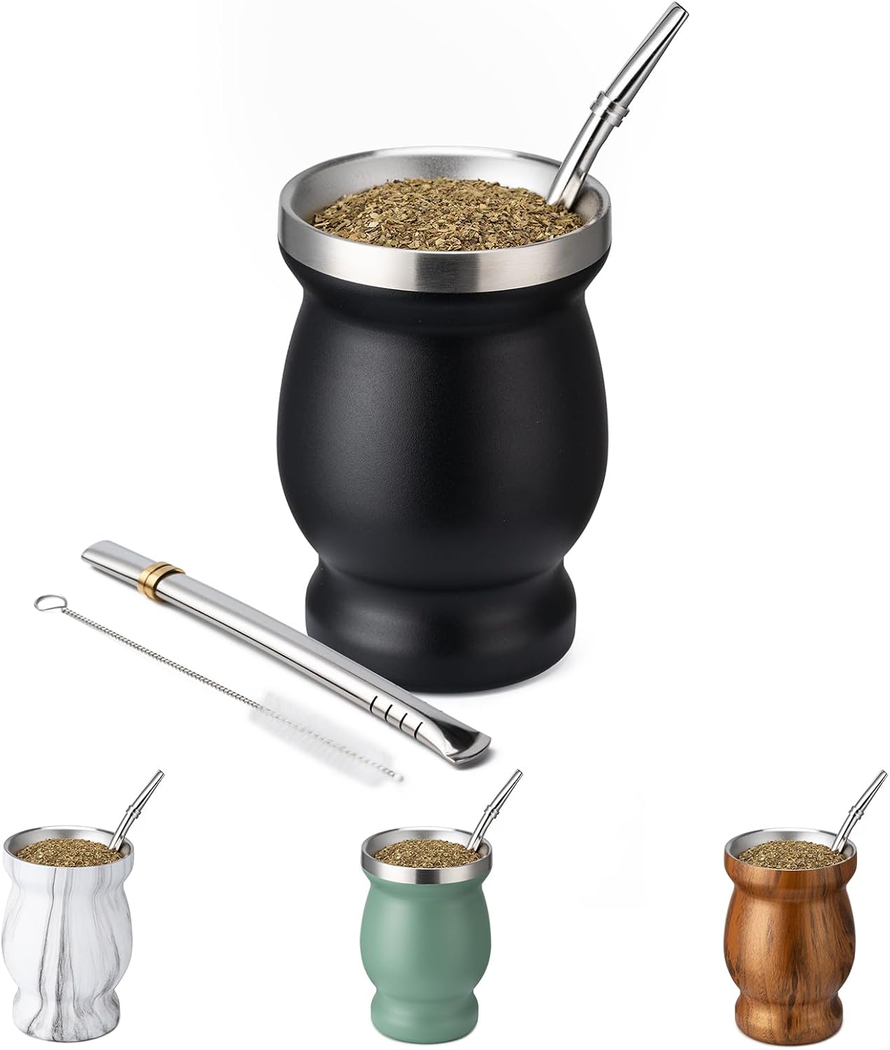 Husfunov 8oz Yerba Mate Cup, 304 Stainless Steel Double-Wall Mate Cup, Heat Insulation Yerba Mate Gourd, Tea Cup Set Includes Cleaning Brush & 2 Bombillas (Black)