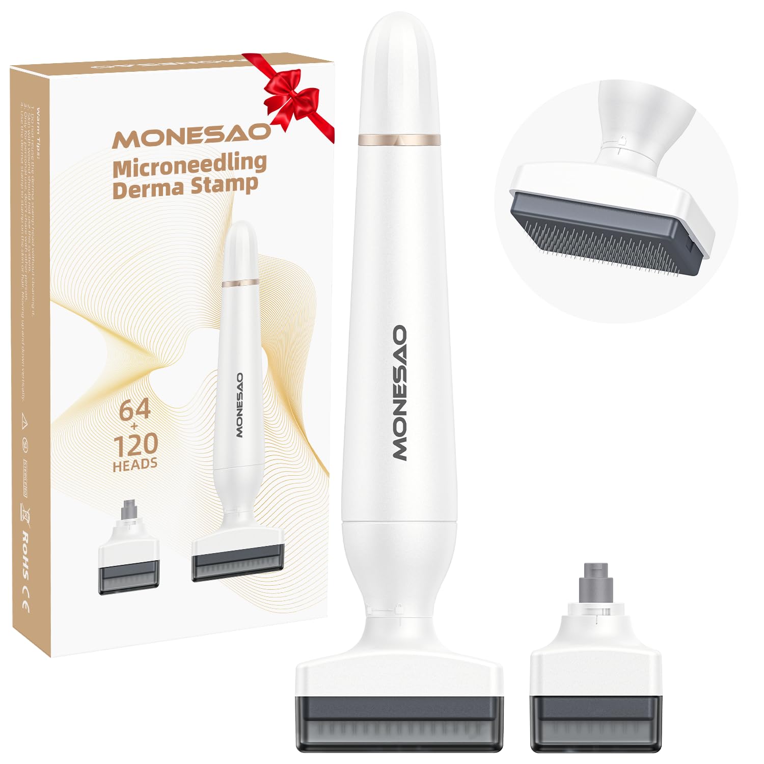 Derma Stamp, MONESAO Microneedling Stamp for Skin Face Hair Scalp Beard, Microneedle Dermastamp Tool with 2 Replacement Heads, Micro Needling Stamp Kit for Women and Men