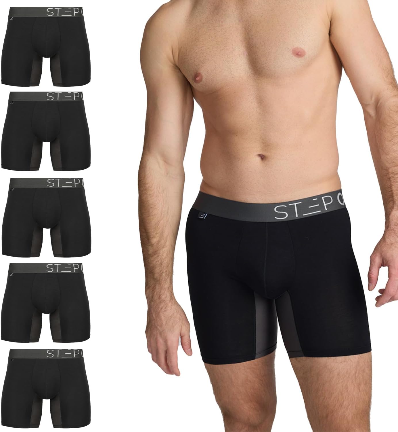 STEP ONE Mens Boxer Briefs, Pack of 5, Anti Chafing Mens Underwear, Comfortable Moisture-Wicking Boxers for Men with 3D Pouch