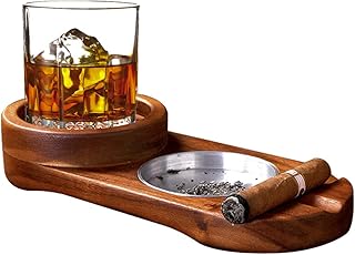 Cigar Ashtray Coaster Whiskey Glass Tray and Cigar Holder, Wooden Ash Tray, Slot to Hold Cigar, Cigar Rest Cigar Accessory Set Gift for Men Dad, Great Decor for Home (Classic)