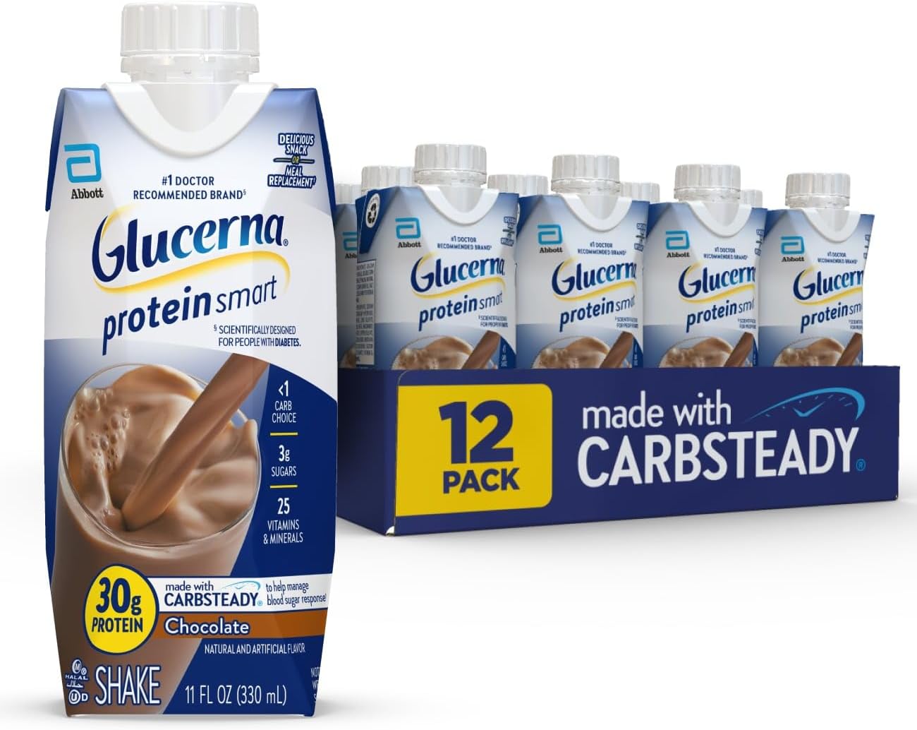 Glucerna Protein Smart Nutritional Shake, Diabetic Protein Drink, Blood Sugar Management, 30g Protein, 150 Calories, Chocolate, 11-fl-oz Carton, 12 Count