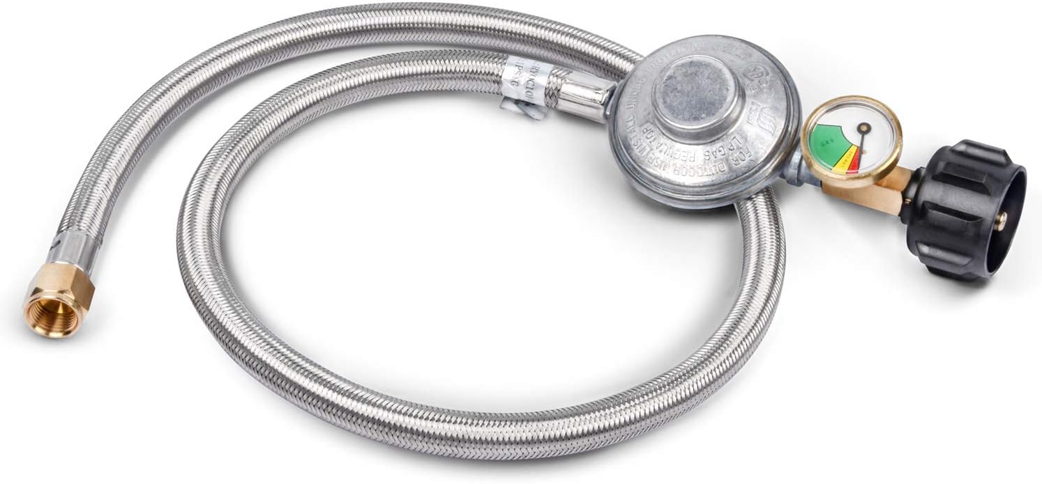 GasSaf 3FT Propane Regulator with Hose,Stainless Steel Braided Propane Gas Regulators and Gauges Suitable for Most LP Gas Grill, Heater and Fire Pit Table