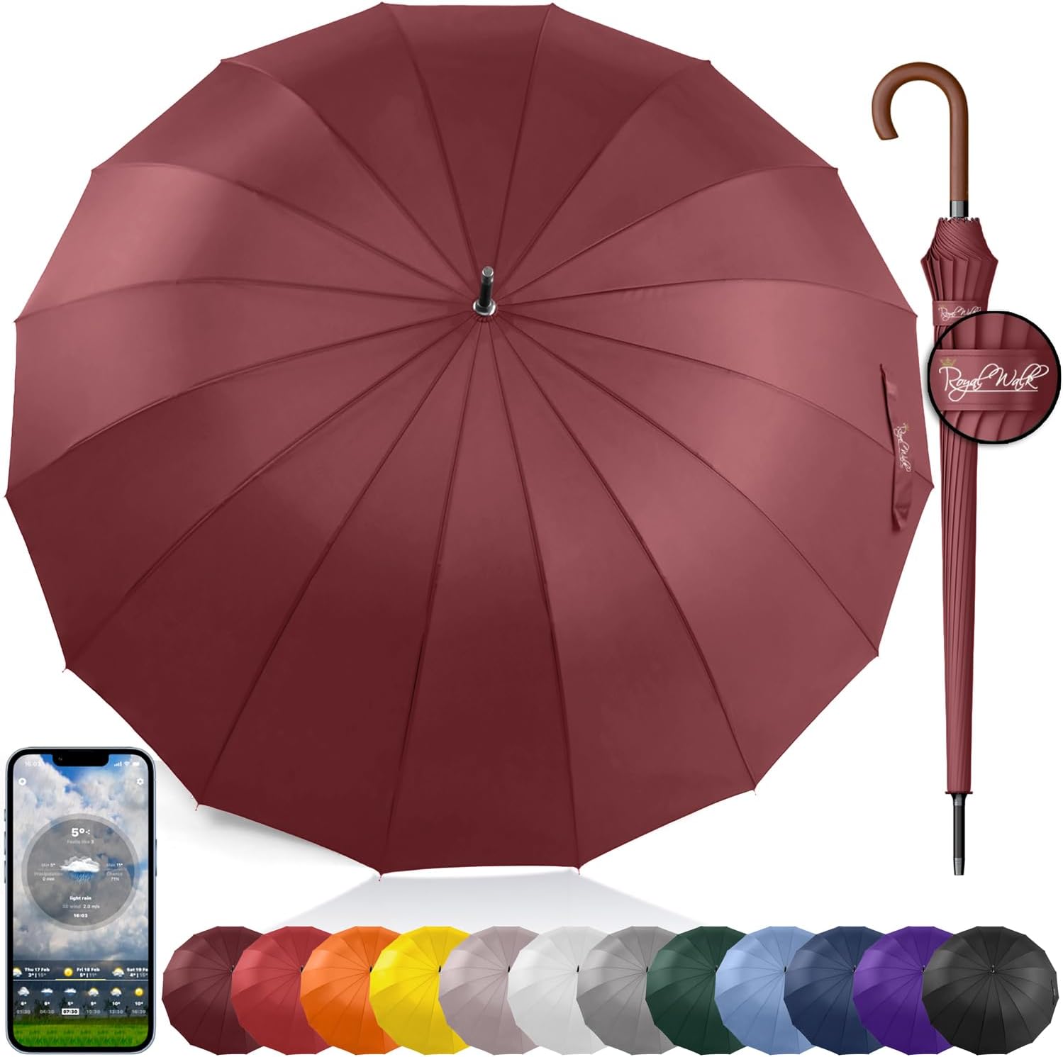 Royal Walk Windproof Umbrella Black Large 54 Inch Automatic Open for 2 Persons Stormproof for Men Women Classic Wooden Handle Lightweight Waterproof Durable Strong 16 Ribs Travel Golf 120cm Dark Red