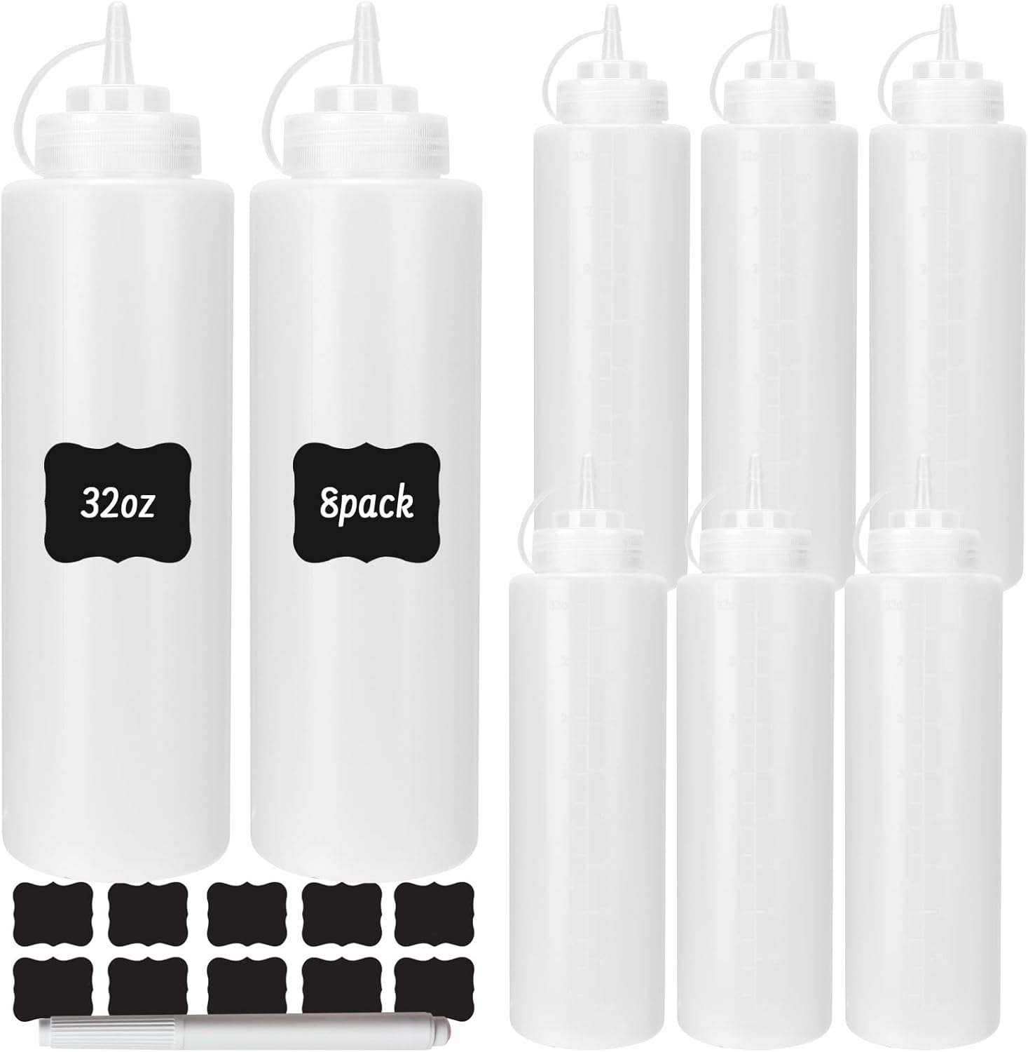 DHSBTLS 32 oz Plastic Squeeze Bottles, 8 Pack Clear Condiment Squeeze Bottles with Tethered Caps, Ketchup Bottles for Sauces, Perfect for Condiments, Oil, Icing, Liquids, with 10 Stickers and 1 Pen