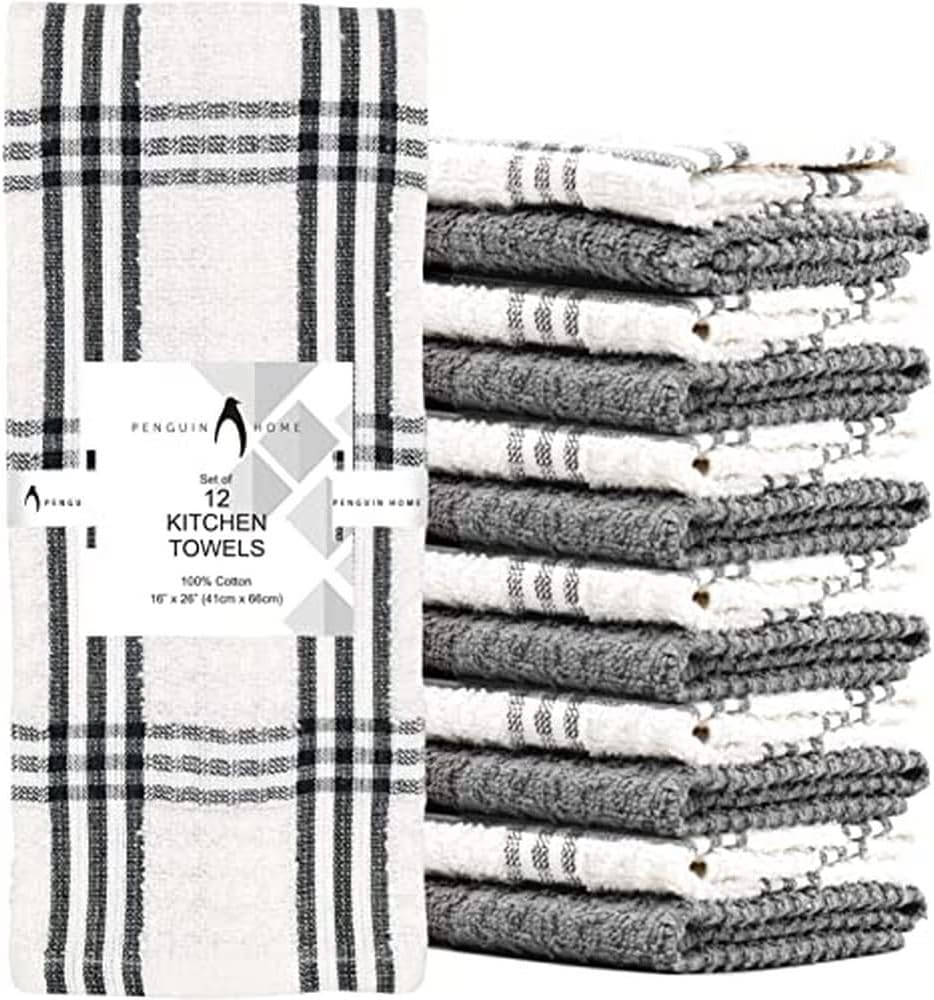 Penguin Home Premium Set of 12 Kitchen Towels - 66 x 41 Cm (16"x26") 100% Ring Spun Cotton Super Soft and Absorbent Dish Towels, Grey