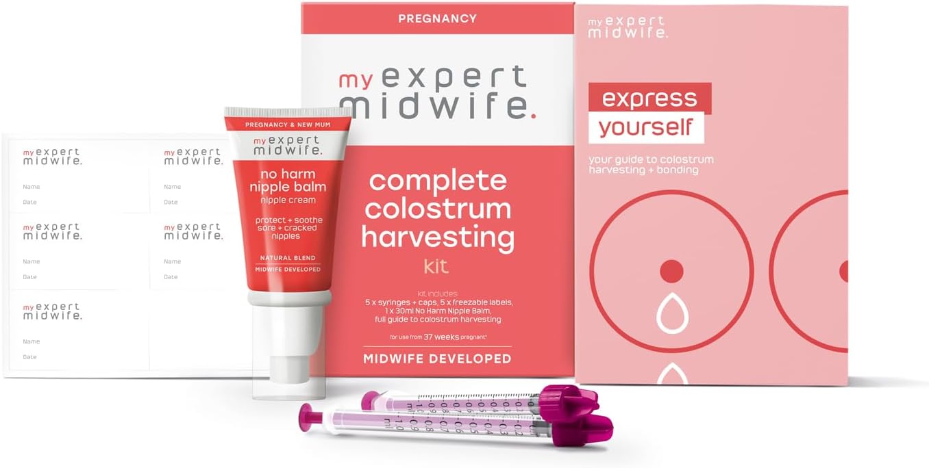 My Expert Midwife Complete Colostrum Harvesting Kit - Includes 5 x Syringes and Caps, 5 x Freezable Labels, 30ml No Harm Nipple Balm Cream and a Midwife Written Complete Guide to Colostrum Harvesting