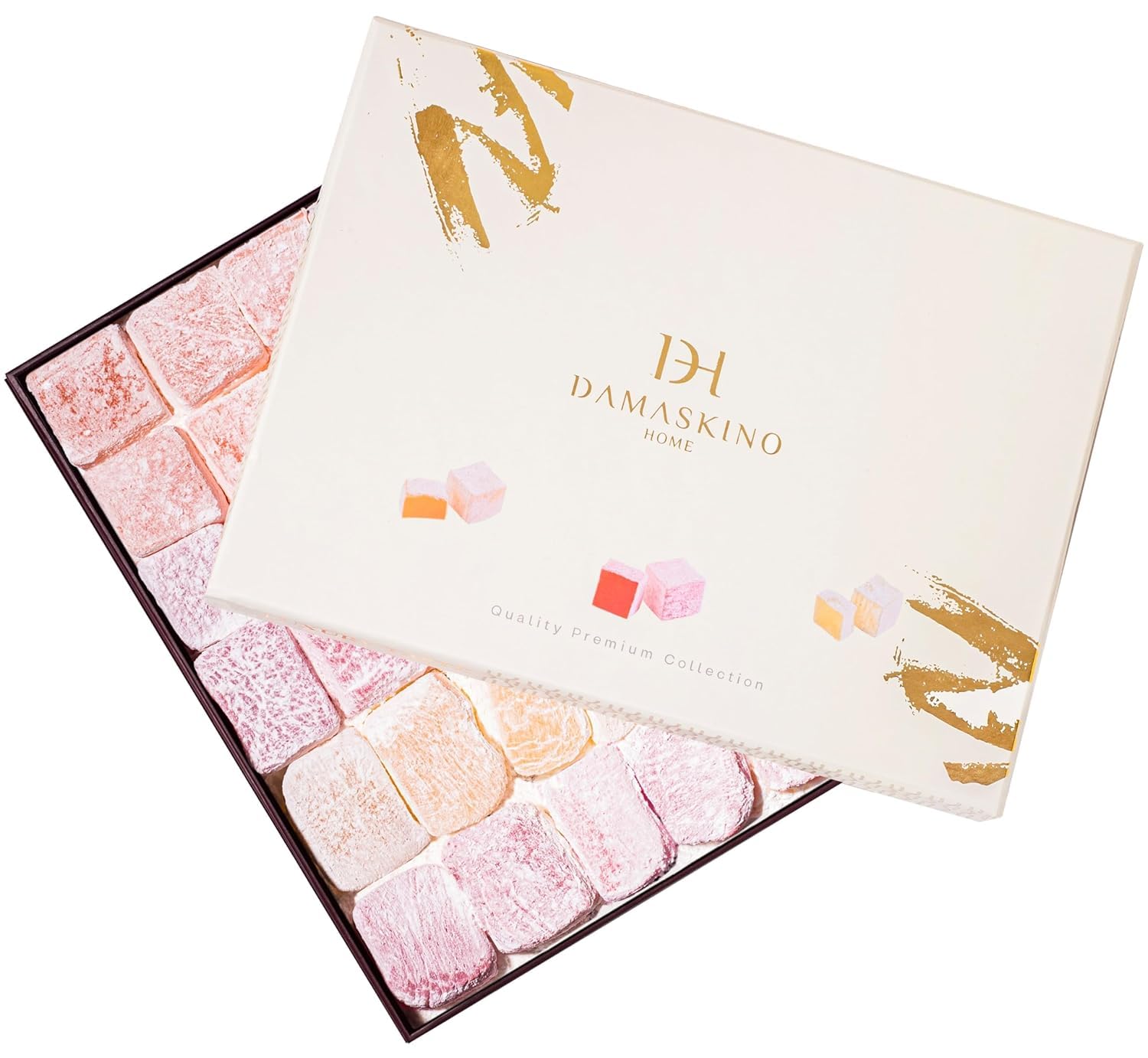 Damaskino Home Assorted Turkish Delight Gift Box 1 lb 1 oz - 25 Pieces of Turkish Lokum Turkish Delights Candy with Lemon, Orange, Rose, Pomegranate, & Strawberry - Delicias Turcas Originales