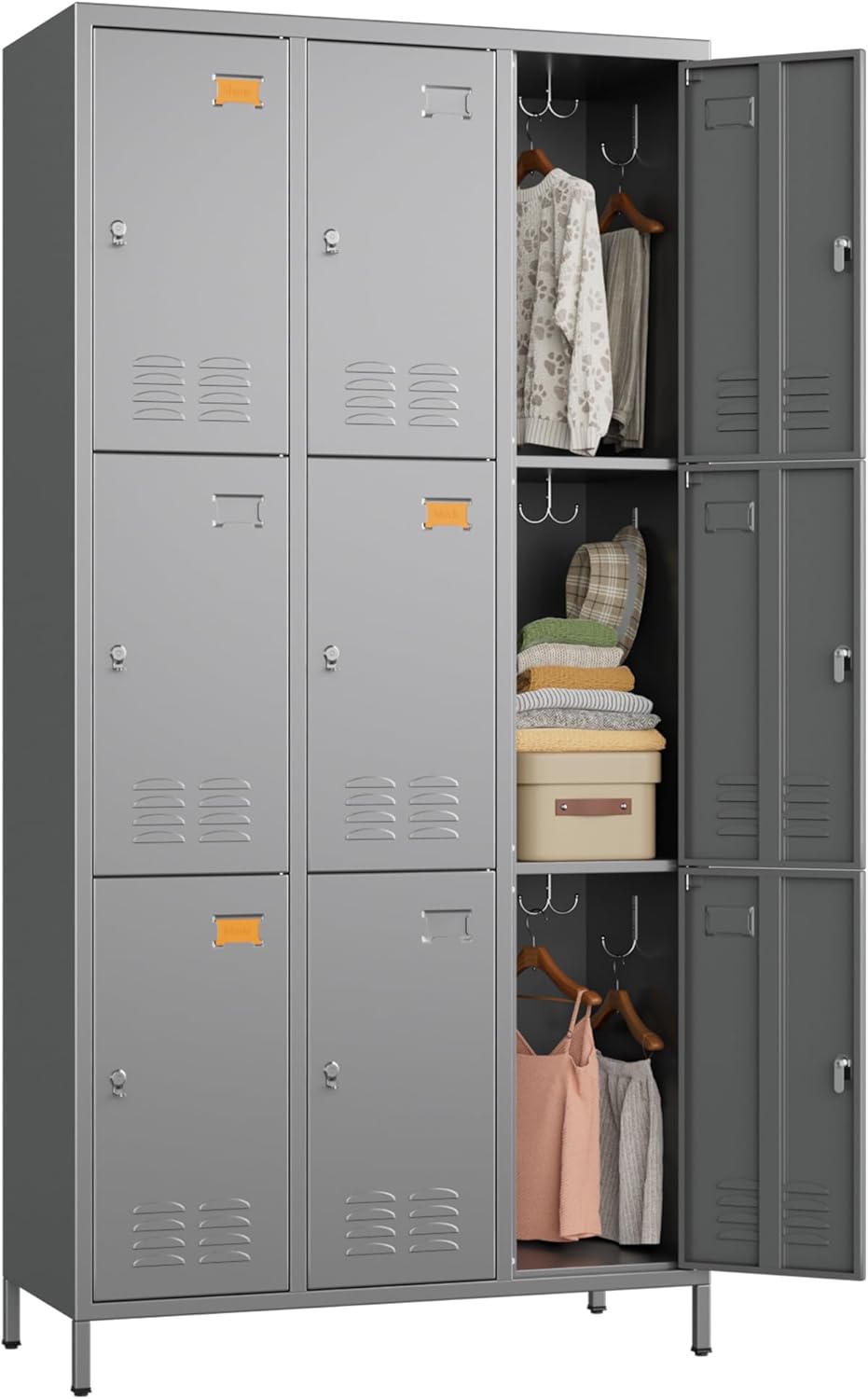 SUXXAN 9 Doors Storage Locker Combination, Metal Lockers with 27 Hooks and 9 Business Card Holders, Lockers for Employees School Office Gym Home Staff Sundries Room W35.43*D15.7*H72(Dark Grey)