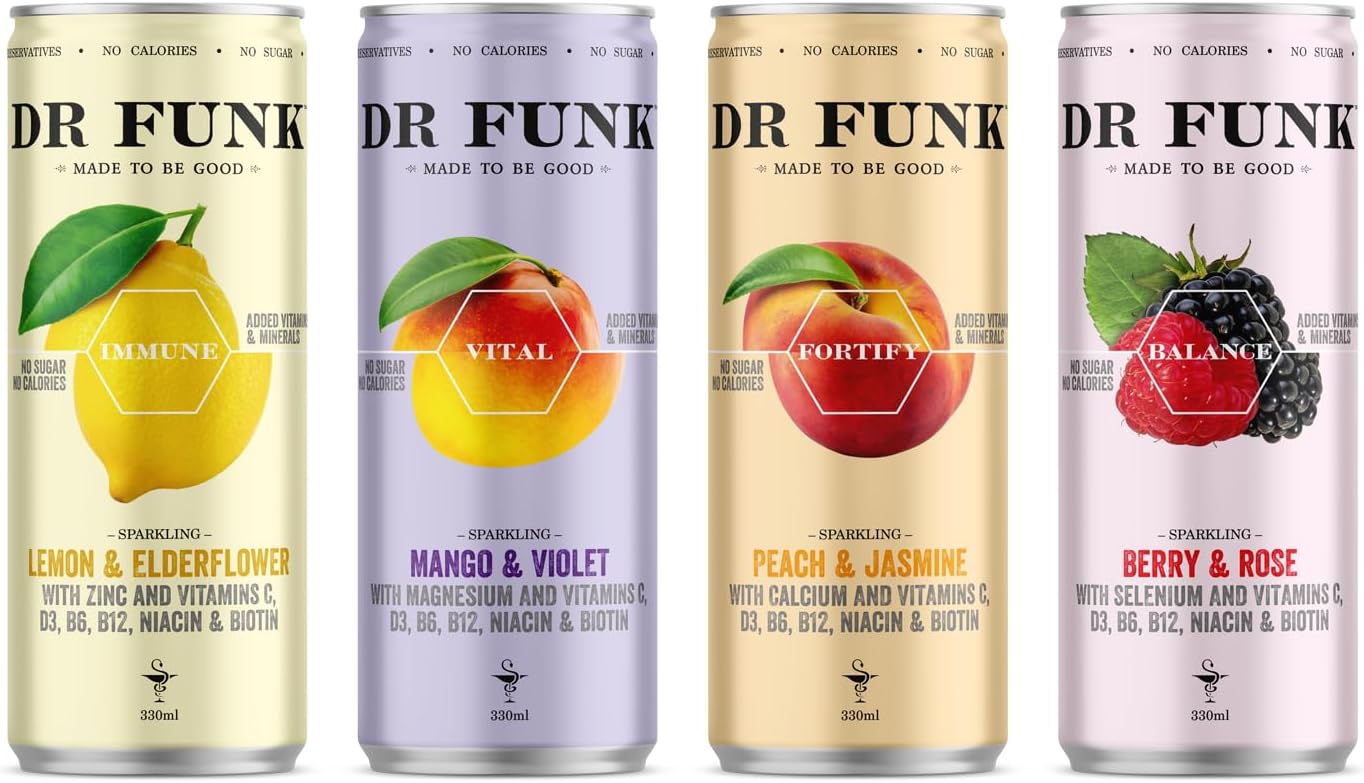 Dr. Funk Mixed Pack - Assorted Pack of Lemon & Elderflower, Mango & Violet, Peach & Jasmine, Berry & Rose Flavours, Sparkling Flavoured Water with No Sugar & No Calories, Pack of 4 Cans