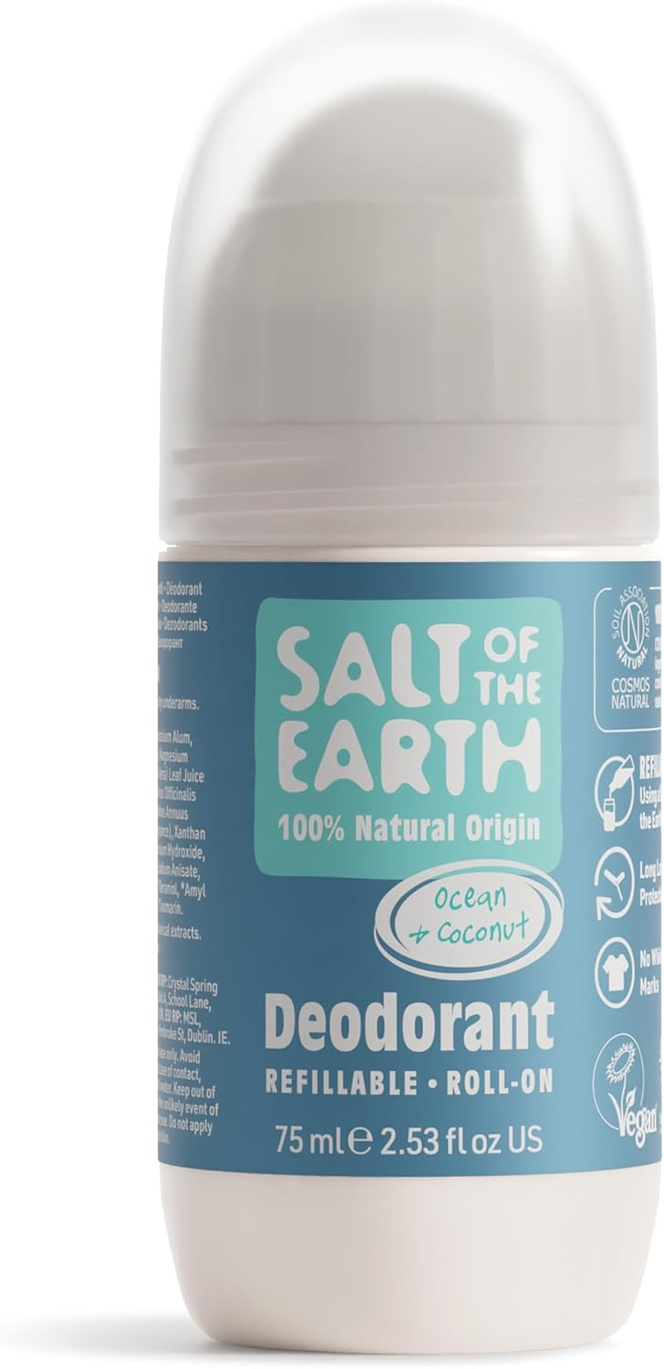 Salt of the Earth - Refillable Roll On Deodorant, 100% Natural Ingredients - Ocean & Coconut - Suitable for Men, Women & Kids, Vegan - Smart Refillable Format - 75ml