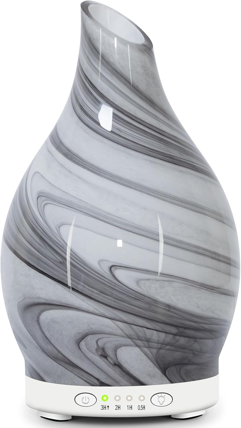 Essential Oil Diffuser Glass Aromatherapy Oil Diffuser Electric Ultrasonic Aroma Scent Fragrance Humidifier 120ML with Auto Shut Off 7 LED Lights for Home Office Spa (Grey Wave)