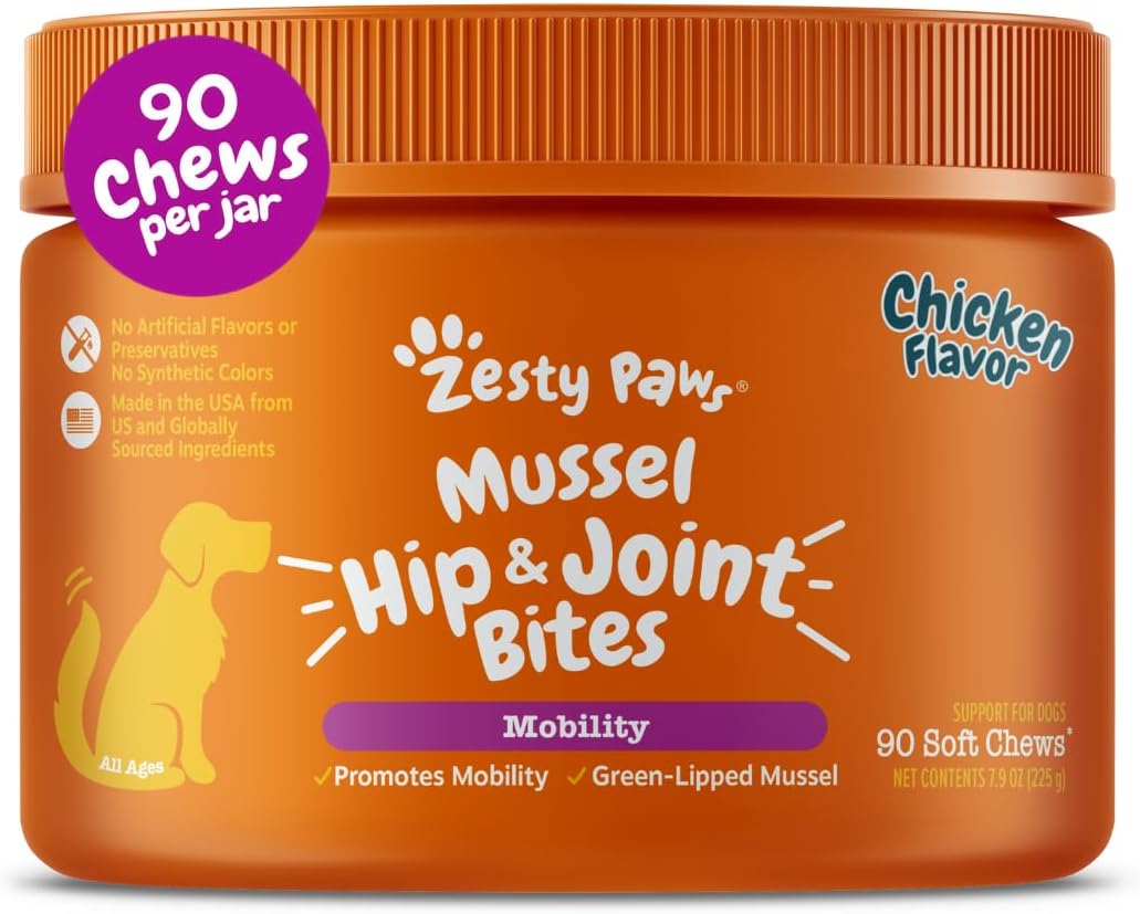 Zesty Paws Mussel Mobility Bites for Dogs - New Zealand Green Lipped Mussel with Natural Glucosamine & Chondroitin + Omega-3 Fatty Acids - Hip & Joint Support Supplement Soft Chews – 90 Count