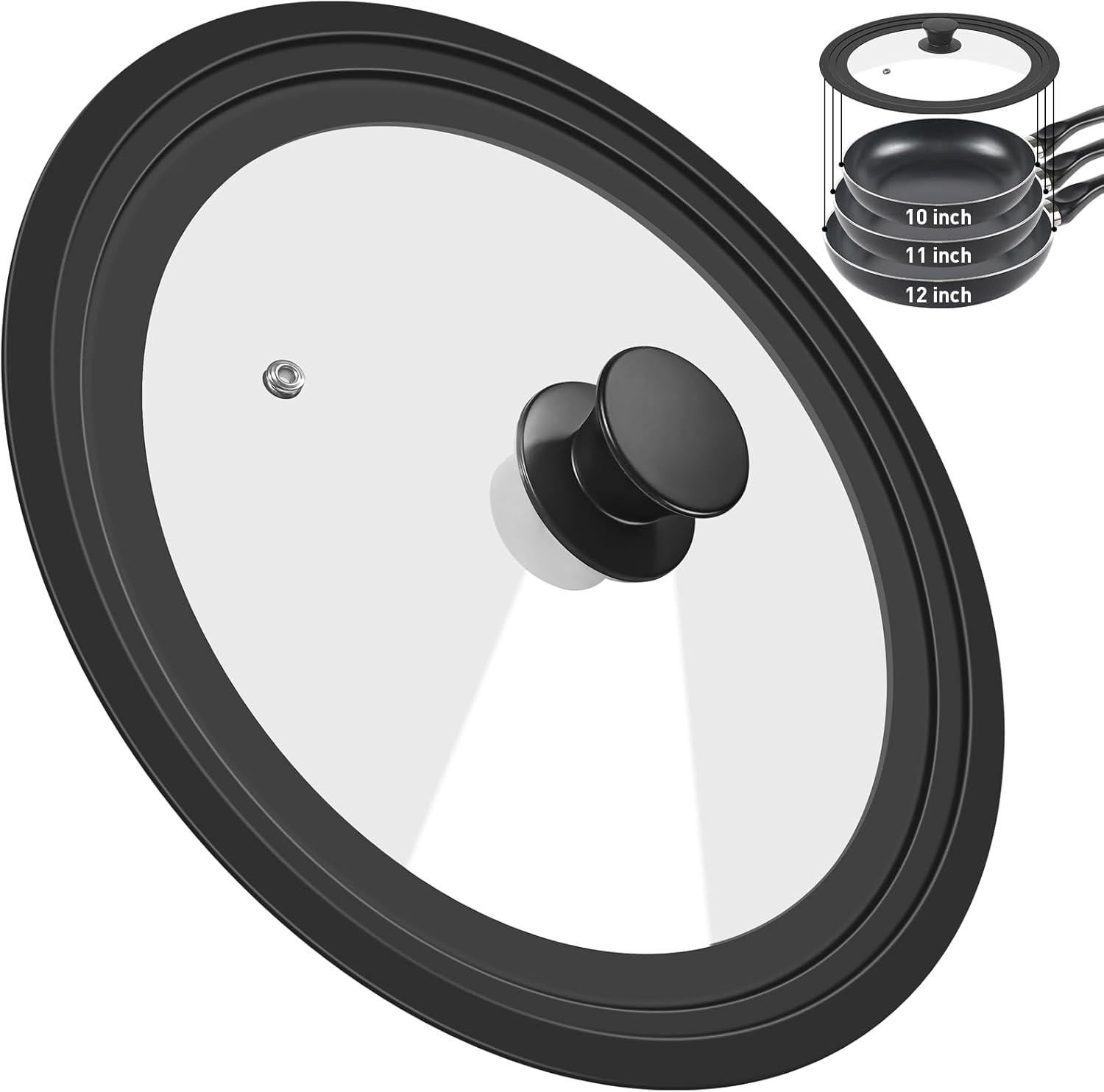 Universal Lid for Pots, Pans and Skillets, Tempered Glass Lid with Heat Resistant Silicone Rim Fits 10'', 11'', 12'' Diameter Cookware, Replacement Lid for Frying Pan & Cast Iron Skillet