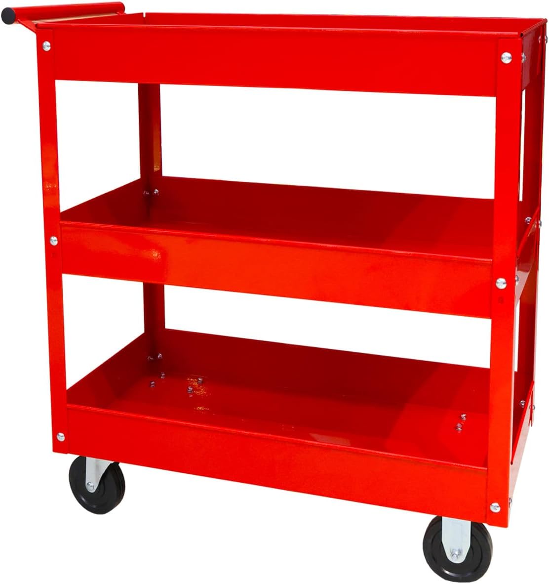 BIG RED Steel Rolling Service Tool Cart with 3 Tires , Heavy Duty Utility Cart on Wheels with Two Brake for Office，Kitchen，warehouse,400 lbs Capacity,Red