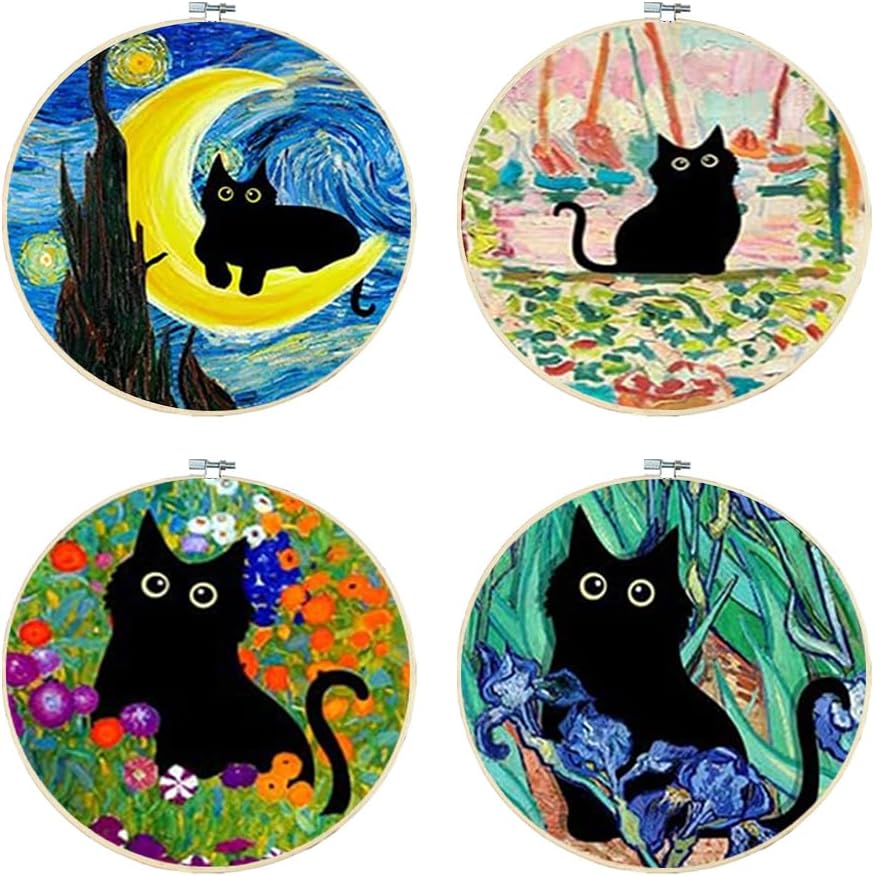 4 Pack Stamped Cross Stitch Kits with Frame - Black Cat Flower Starry Sky Moon Embroidery Kits for Beginners Adults,11 CT Patterns Dimensions Counted Cross Stitch Kits Arts Craft Kits 7.8 x 7.8 inch