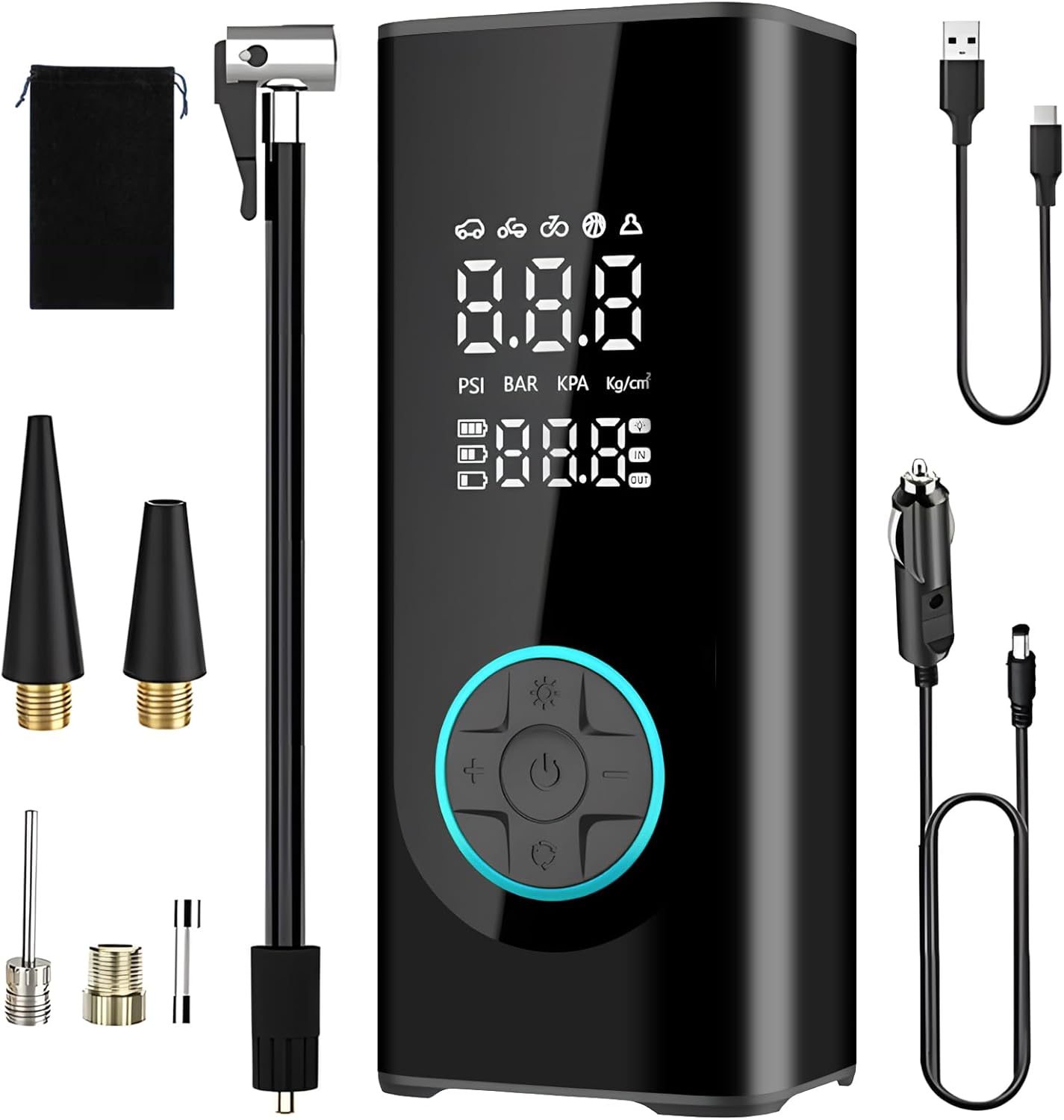 Car Tyre Pump, Portable Air Compressor,Digital Tyre Inflator, Universal for Cars,Motorcycles, Bikes & Balls, Preset Tire Pressure, Auto Shut-Off, 3-Mode LED Light