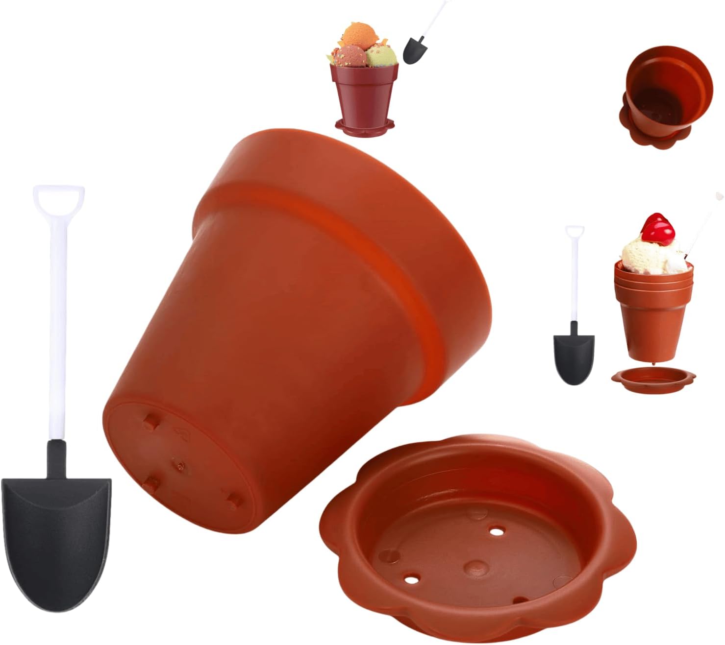 20 Pack Flowerpot Dessert Cups with Lids, Shovel, Spoon, Bottom Tray - Small Flower Pot Cups, Mini Flowerpot Cake Desserts Cups Ice Cream,Yogurt Containers - DIY (Brown,Reusable)