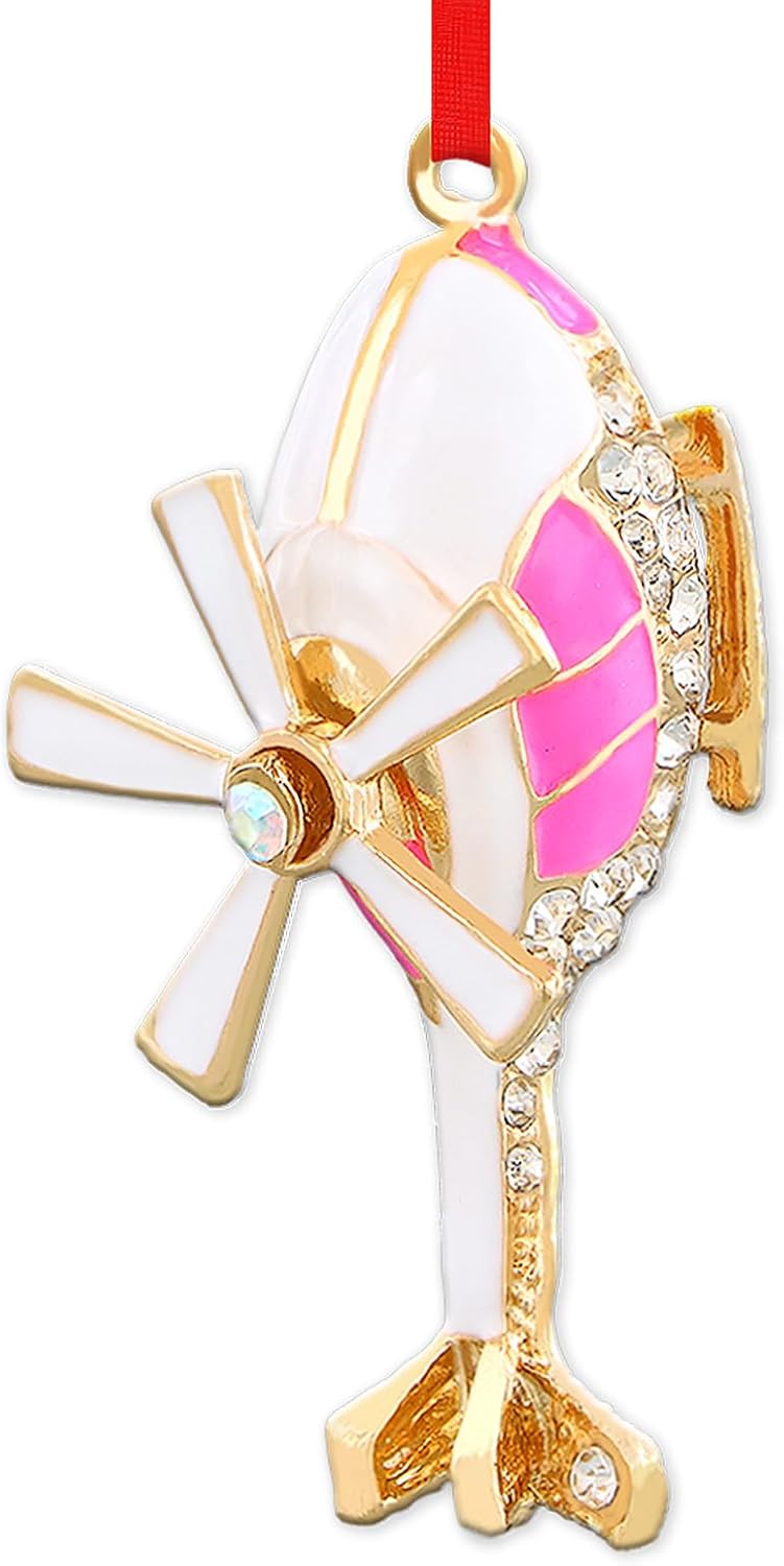 WaaHome Metal Airplane Ornaments for Christmas Tree Decorations, Beautiful Pink White Helicopter Christmas Ornament Plane Ornaments Gifts for Kids Boys Girls Men Women Pilots