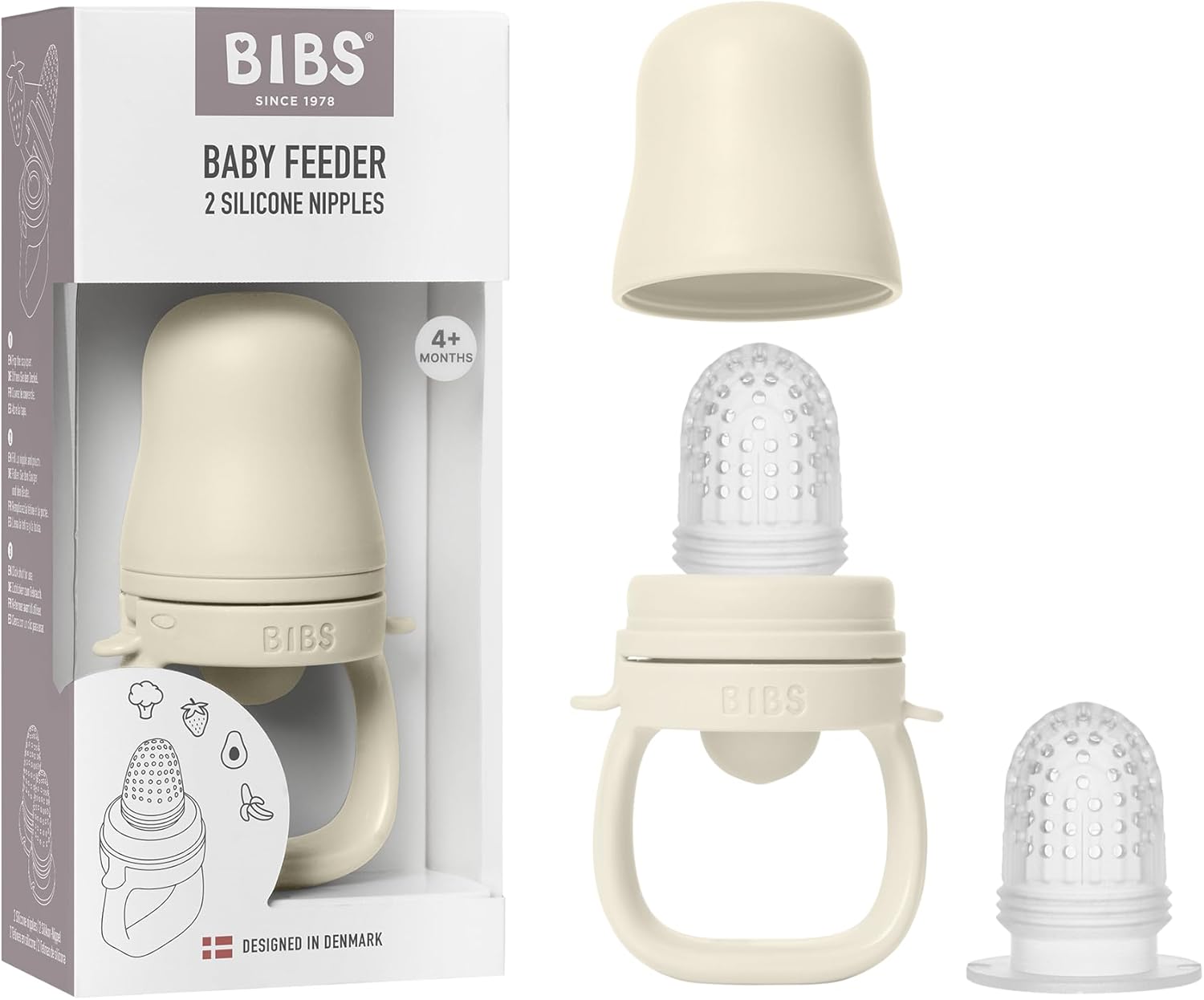 BIBS Baby Feeder with 2 Silicone Nipples, Compatible with Freezer Tray, Easy-Grip, BPA-Free - Ideal for Teething & Self-Feeding, 4+ Months - Ivory