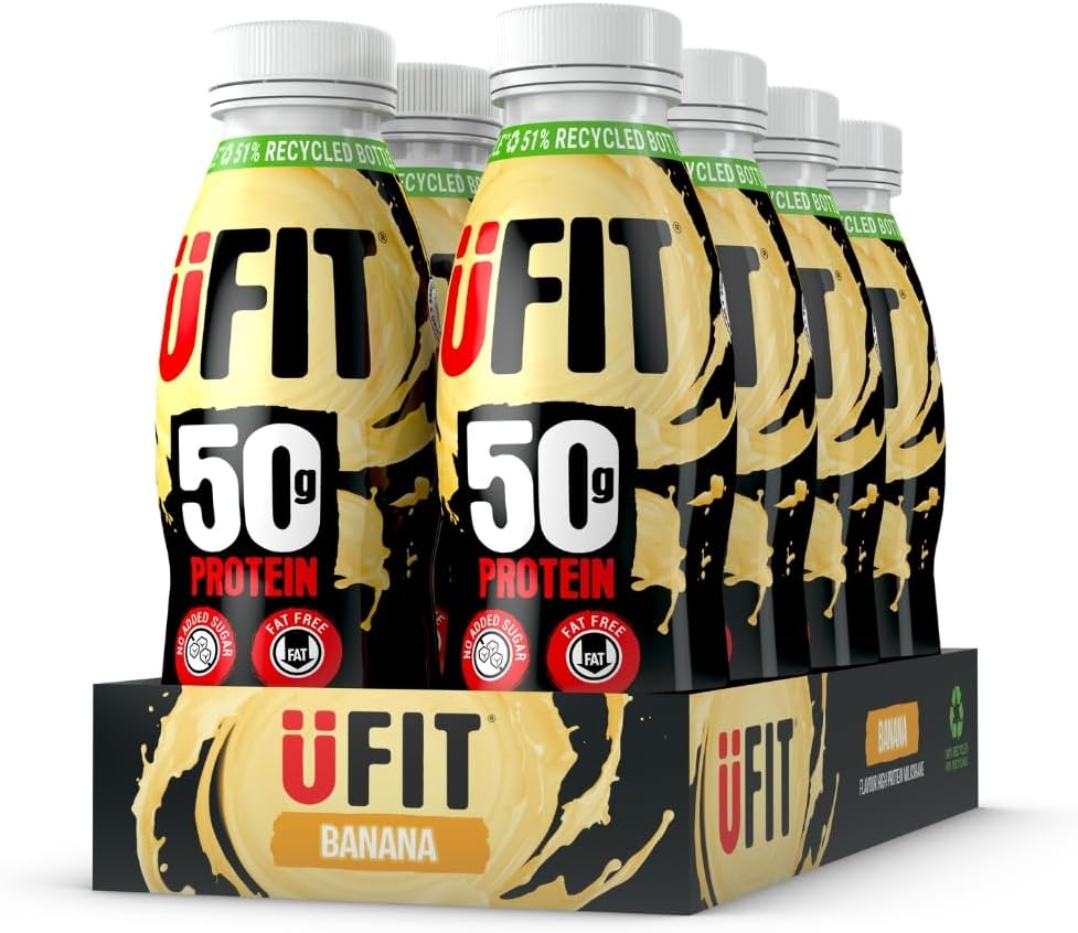 UFIT High 50g Protein Shake - Banana Flavour - No Added Sugar - Low in Fat - Ready to Drink - Pack of 8 x 500 ml (Packaging May Vary)