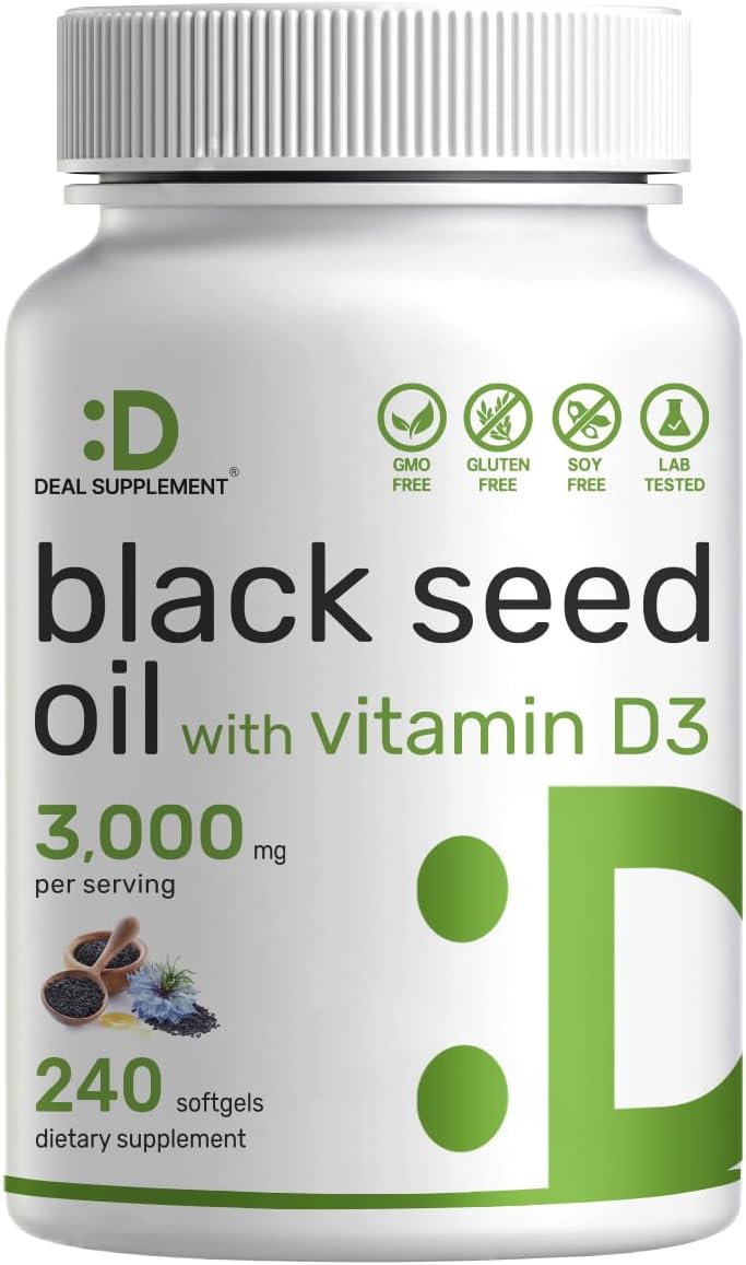 DEAL SUPPLEMENT Black Seed Oil, 240 Softgels – Cold-Pressed Nigella Sativa, Naturally Occurring Thymoquinone (TQ) – Non-GMO, No Gluten – Black Cumin Seed Liquid Capsules with Vitamin D3