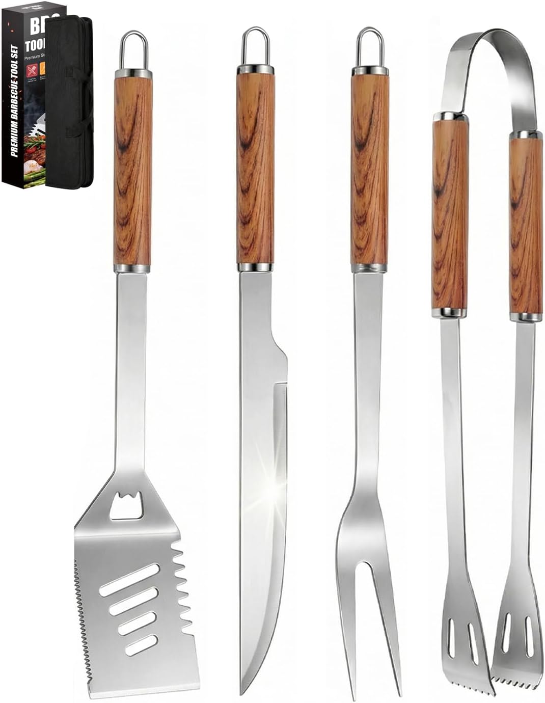BBQ Tools Set for Dad, 4Pcs Grill Accessories Kit with Portable Case, Stainless Steel BBQ Utensils with Heat-Resistant Handles, for Men Women, Father’s Day, Birthday, Outdoor Cooking