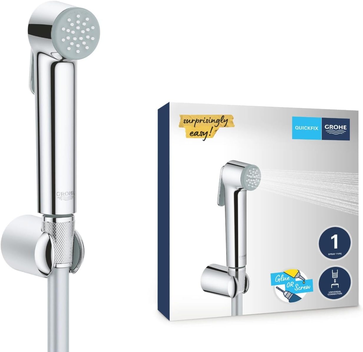 GROHE Vitalio Trigger Spray 30 - Wall Holder Set with Trigger Control Hand Shower (Hand Shower 36mm, TwistFree Shower Hose 1.25m, Wall Shower Holder 40mm), High Pressure Min. 1.0 Bar, Chrome, 26175001