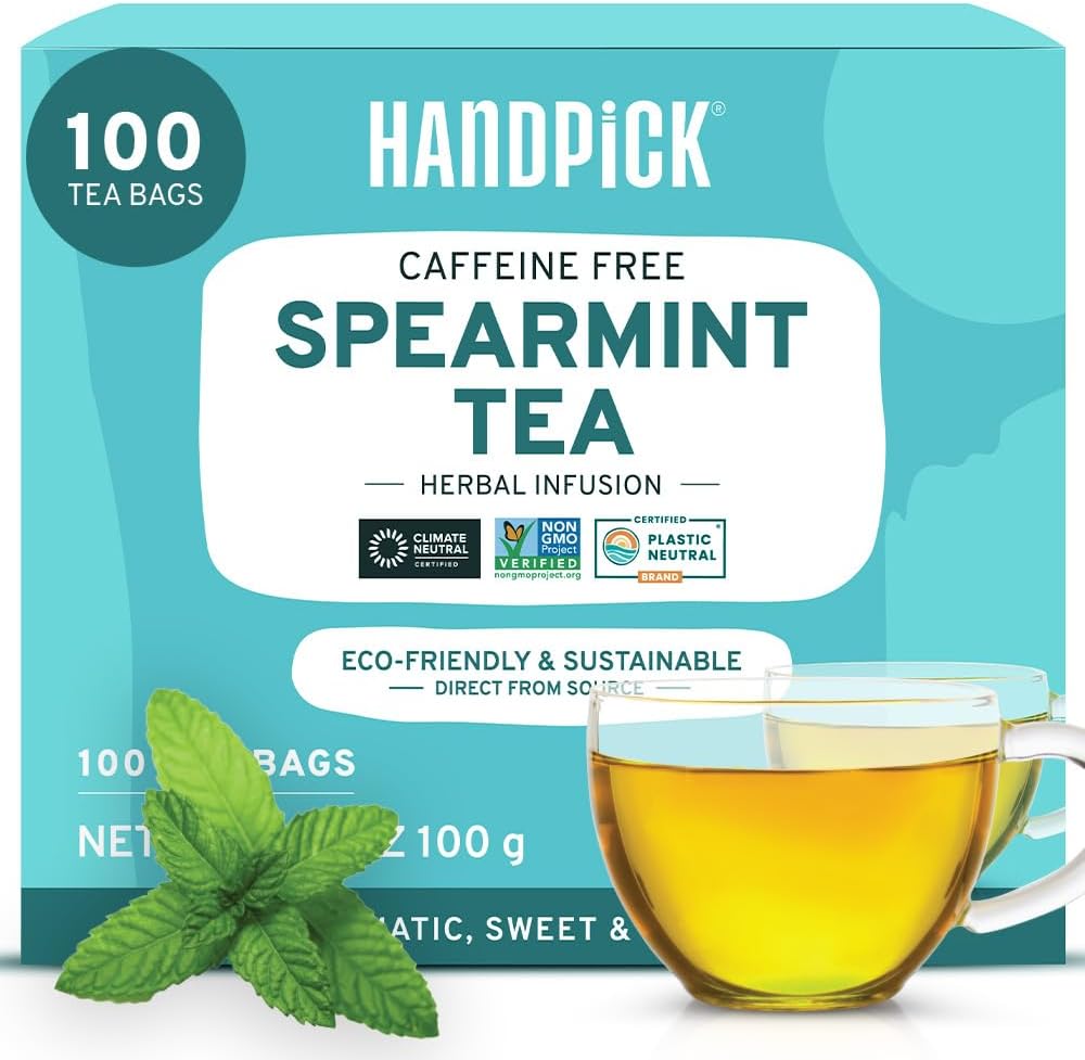 HANDPICK, Spearmint Tea Bags (100 Count) Non-GMO, 100% Pure Spearmint Leaf Tea Bags Certified by Tea Board of India | Round Eco-Conscious Teabags