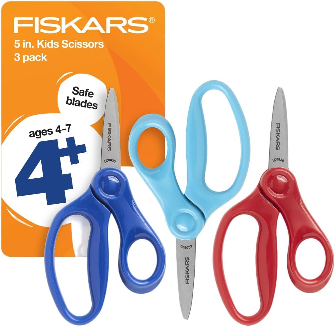 Fiskars 5" Pointed-Tip Scissors for Kids 4-7 (3-Pack) - Scissors for School or Crafting - Back to School Supplies - Red, Blue, Turquoise