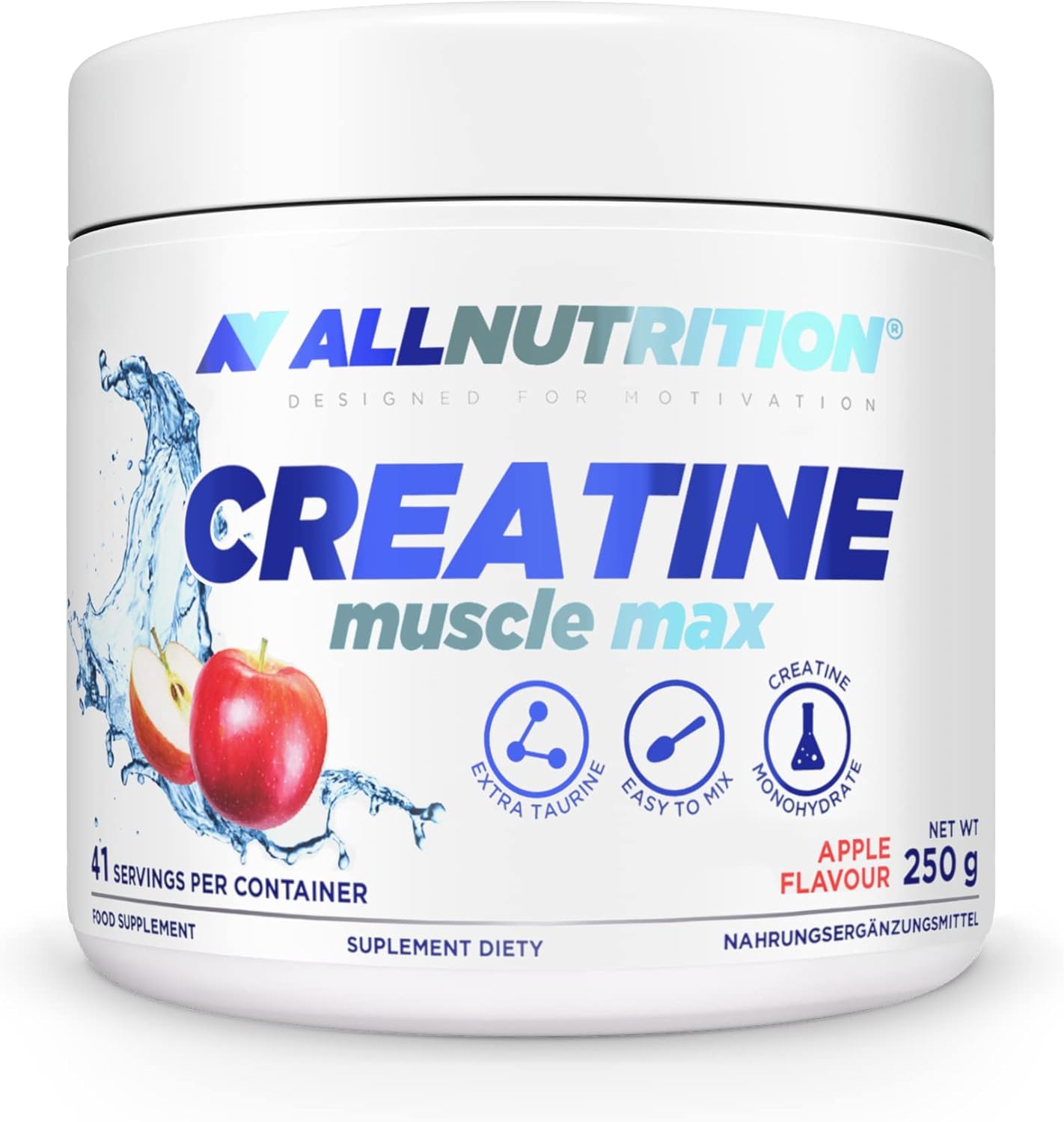 ALLNUTRITION Creatine Muscle Max Food Suplement - Creatine Monohydrate with Taurine - Performance Boost and Muscle Recovery - No Added Sugar - Instant Powder 250g - Apple