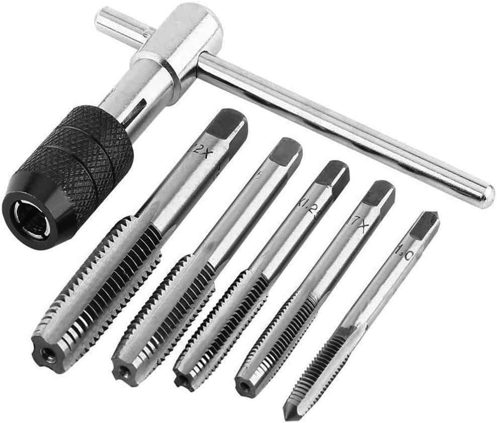 Mesee 6 Pcs Tap Wrench Tool Set, Adjustable T-Handle Ratchet Tap Holder Wrench Machine Screw Thread Metric Plug T-Taps with M3 M4 M5 M6 M8 Taps for Metal/Aluminum/Plastic/Wood