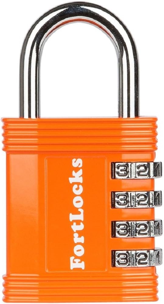 FortLocks Gym Padlock | 4-Digit Combination Lock for Indoor Lockers & Outdoor Use | Heavy-Duty, Rustproof, Weatherproof | 1-Pack, Orange