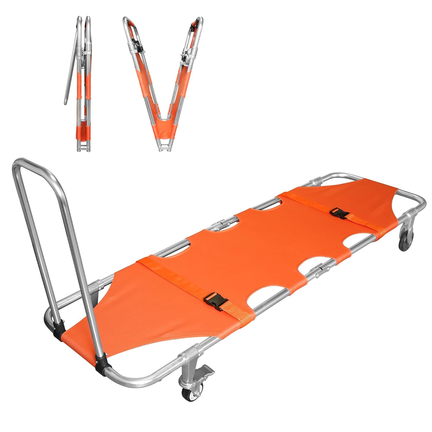 Folding Stretcher for Medical Emergency with Trolley 4 Wheels and Straps, Aluminum Alloy Portable Emergency Medical Stretcher for Hospital, Clinic, Home, Sports Venues, Ambulance