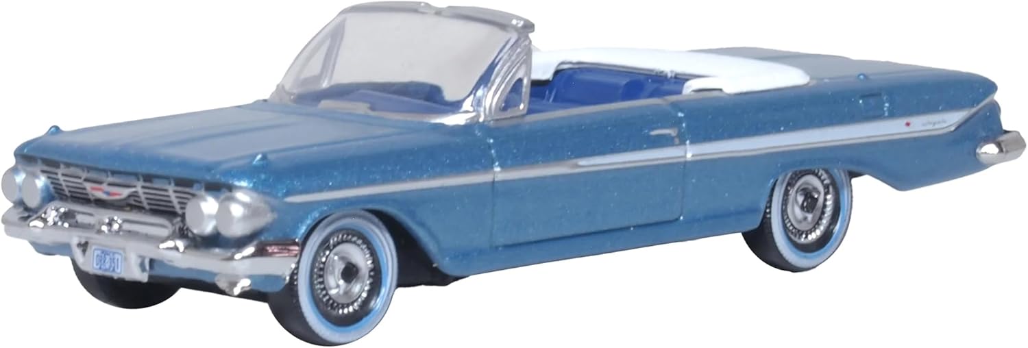 1961 Chevy Impala Convertible Jewel Blue Metallic and White with Blue Interior 1/87 (HO) Scale Diecast Model Car by Oxford Diecast 87CI61006