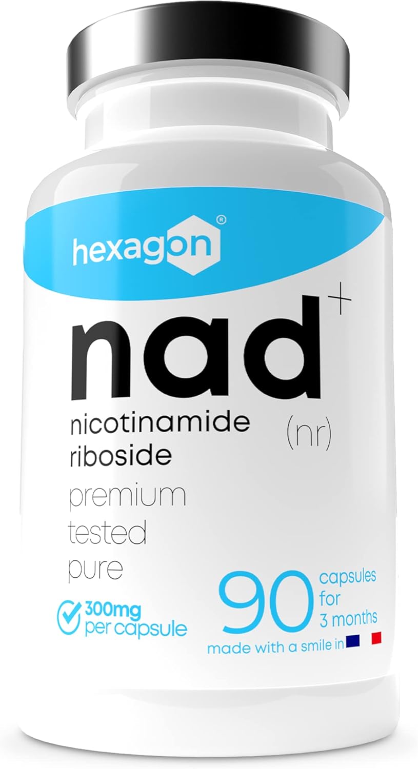 NAD+ Nicotinamide Riboside Chloride 300mg - 3-Month Supply - NAD Booster - Third-Party Tested - Made in France - Pure & Premium - 90 Vegan Capsules - NAD Supplements - Hexagon