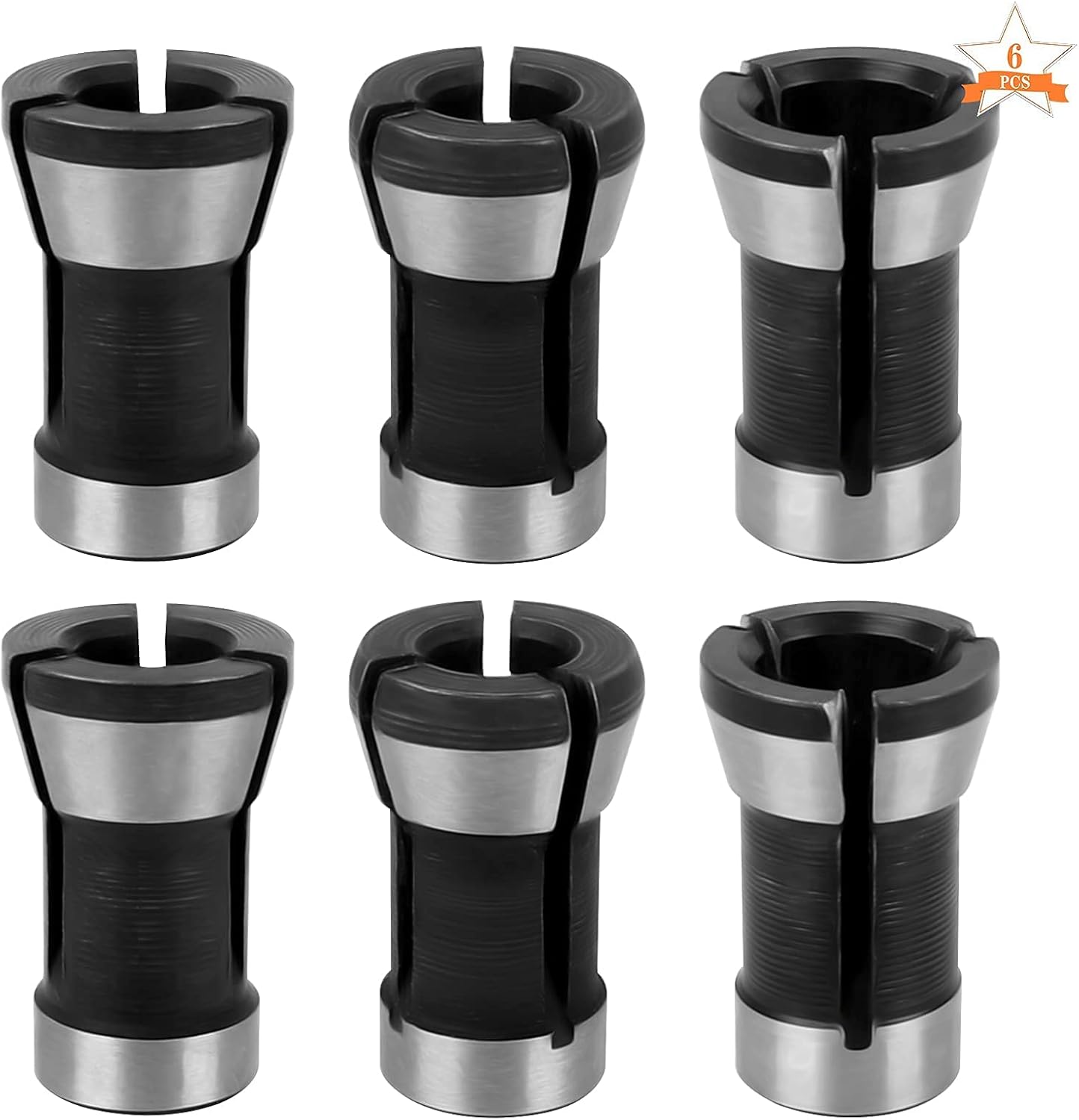 6 Pieces Collet Adapter, Steel Router Collet 6mm 6.35mm 8mm Chuck Milling Machine Adapter Black Router Bit Collet for Woodworking Trimming Engraving Machine
