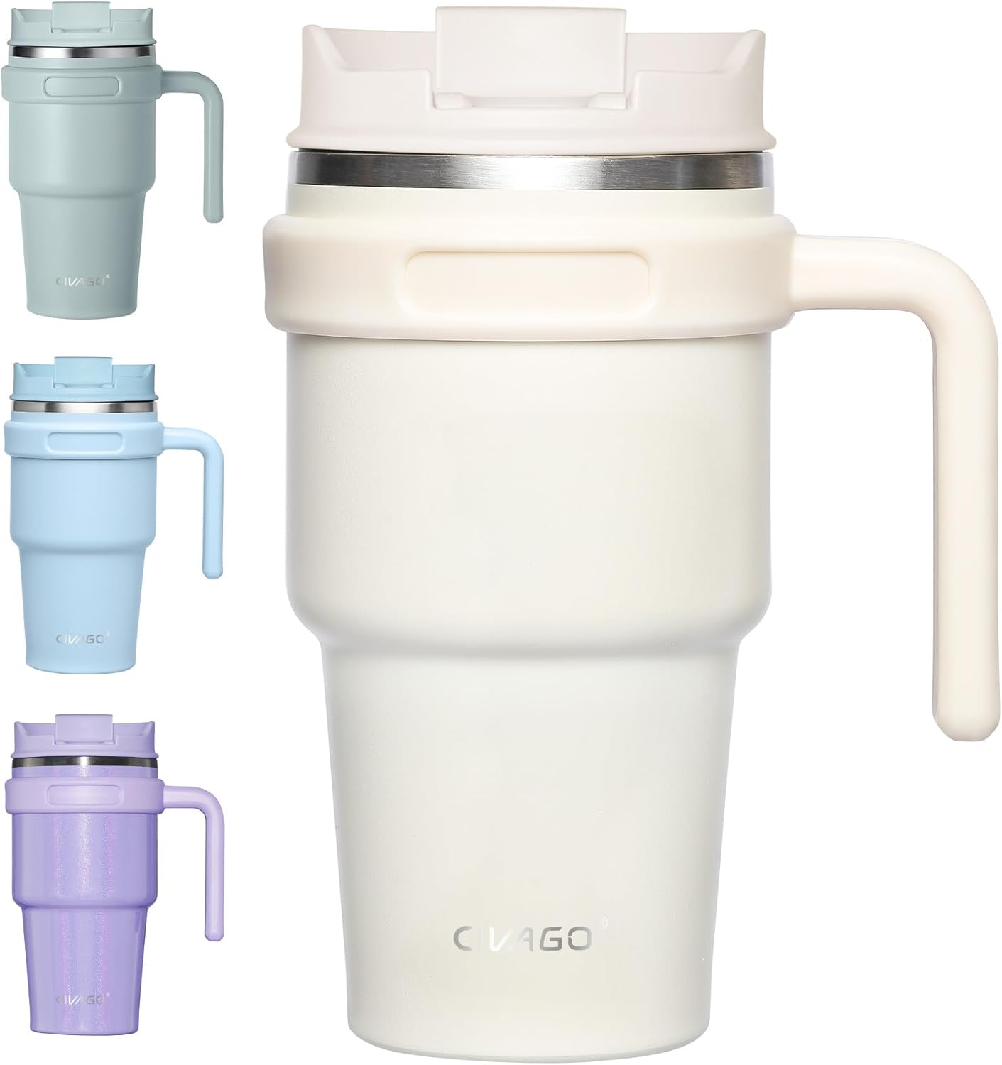 CIVAGO 20 oz Tumbler Mug with Lid and Straw, Insulated Travel Coffee Mug with Handle, Double Wall Stainless Steel Vacuum Coffee Tumbler, Thermal Coffee Cup, Flip lid, Cream