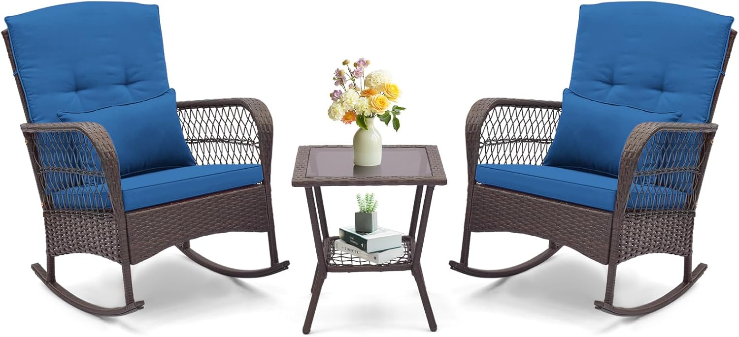 ORALNER 3 Pieces Patio Furniture Wicker Rocker Set, Outdoor Rocking Chairs with Cushions, Pillows, Glass Coffee Table, Rattan Bistro Set for Balcony Front Porch Poolside Garden Deck (Navy)