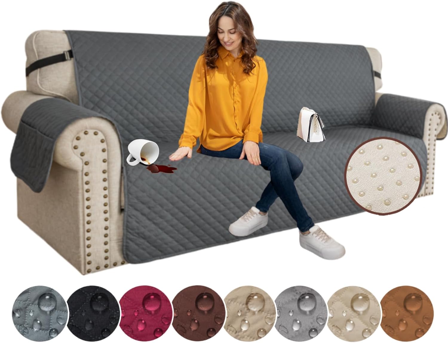 XINEAGE Quilted Sofa Covers 3 Seater, Water Resistant Couch Covers for 3 Seater, Non Slip Sofa Slipcoevrs for Dogs Pets, Reversible Sofa Protector with Elastic Strap Washable (Sofa, Dark Grey)