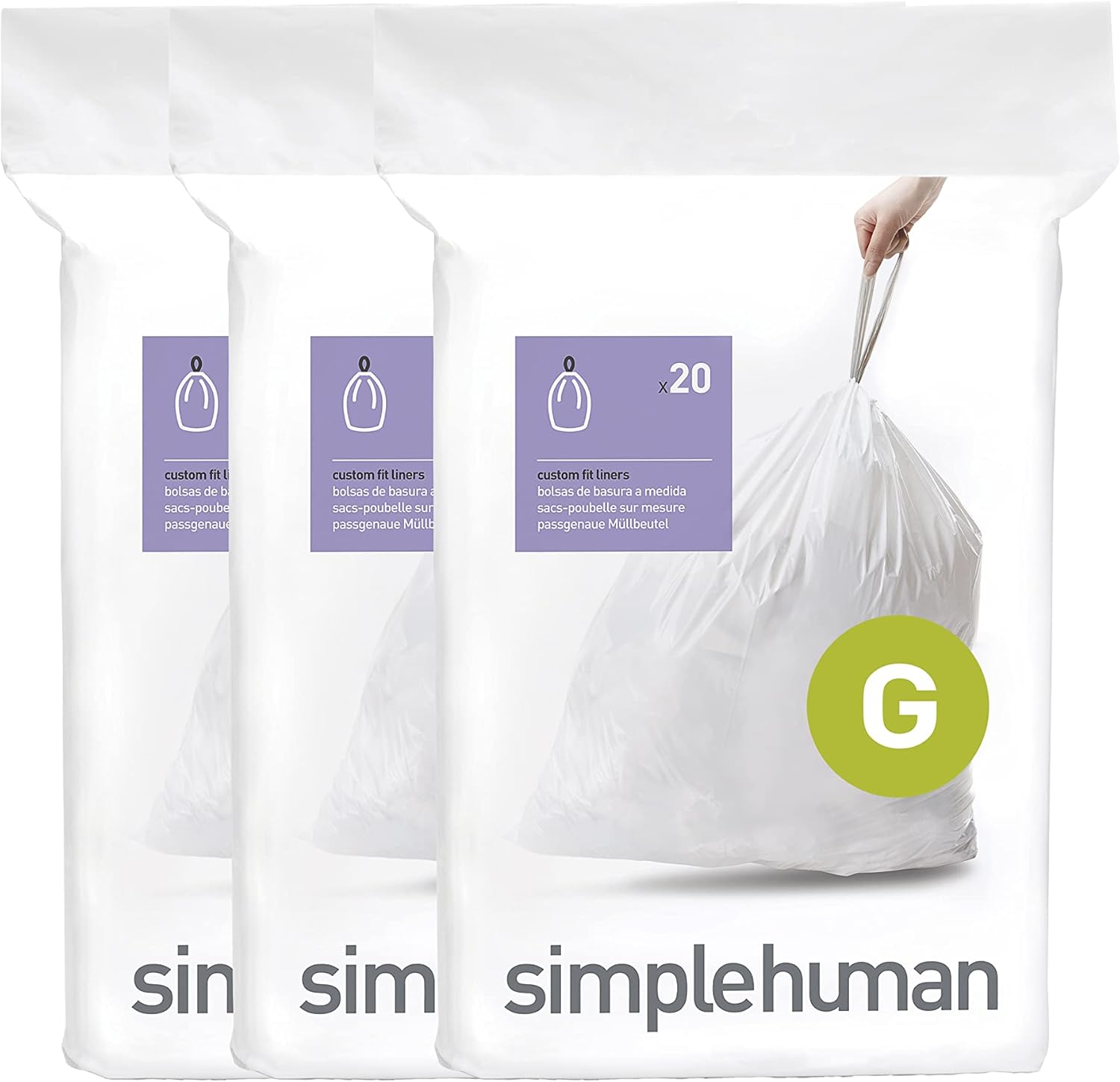 simplehuman Code G 60 Count, Dispenser Pack Custom Fit Liners, Drawstring Trash Bags, 30 Liter / 8 Gallon, White
