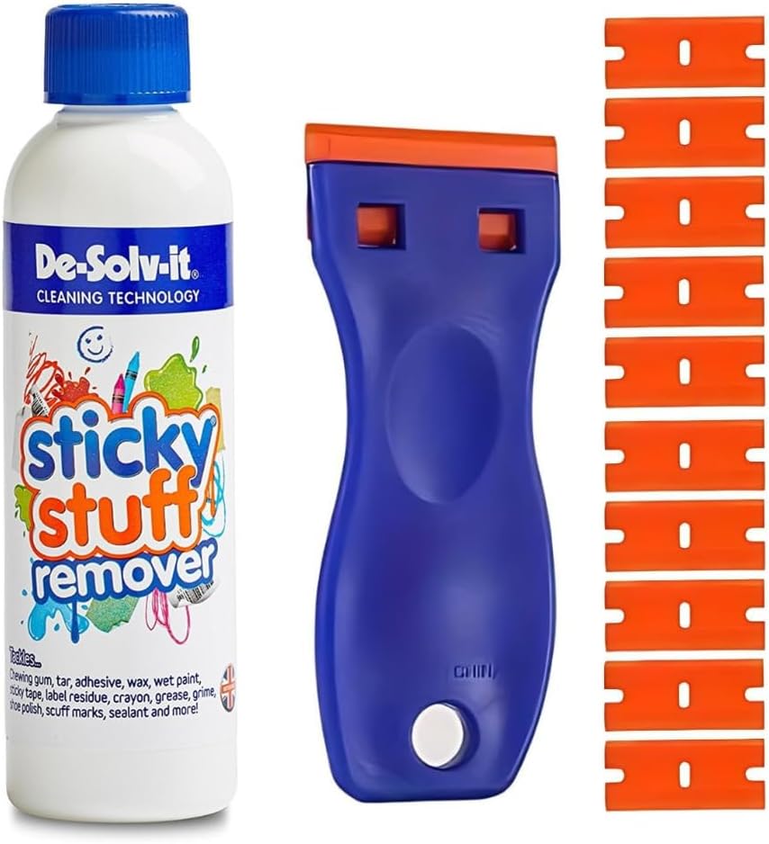 Sticky Stuff Remover Liquid 250ml - With Multi-Surface Cleaning Tool & 10 Spare Replacements - Ideal for Label remover, Tar, Chewing Gum remover, sticker remover, Adhesive remover and more