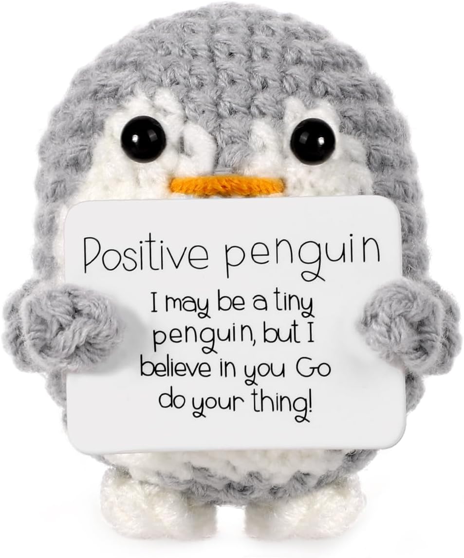 Mini Funny Positive Penguin, Cute Potato 2.6 Inch Knitted Penguin Toy with Positive Card Positive Penguin Crochet Doll Cheering Gift for Christmas Family Friend Encouragement Party Decoration(Gray)