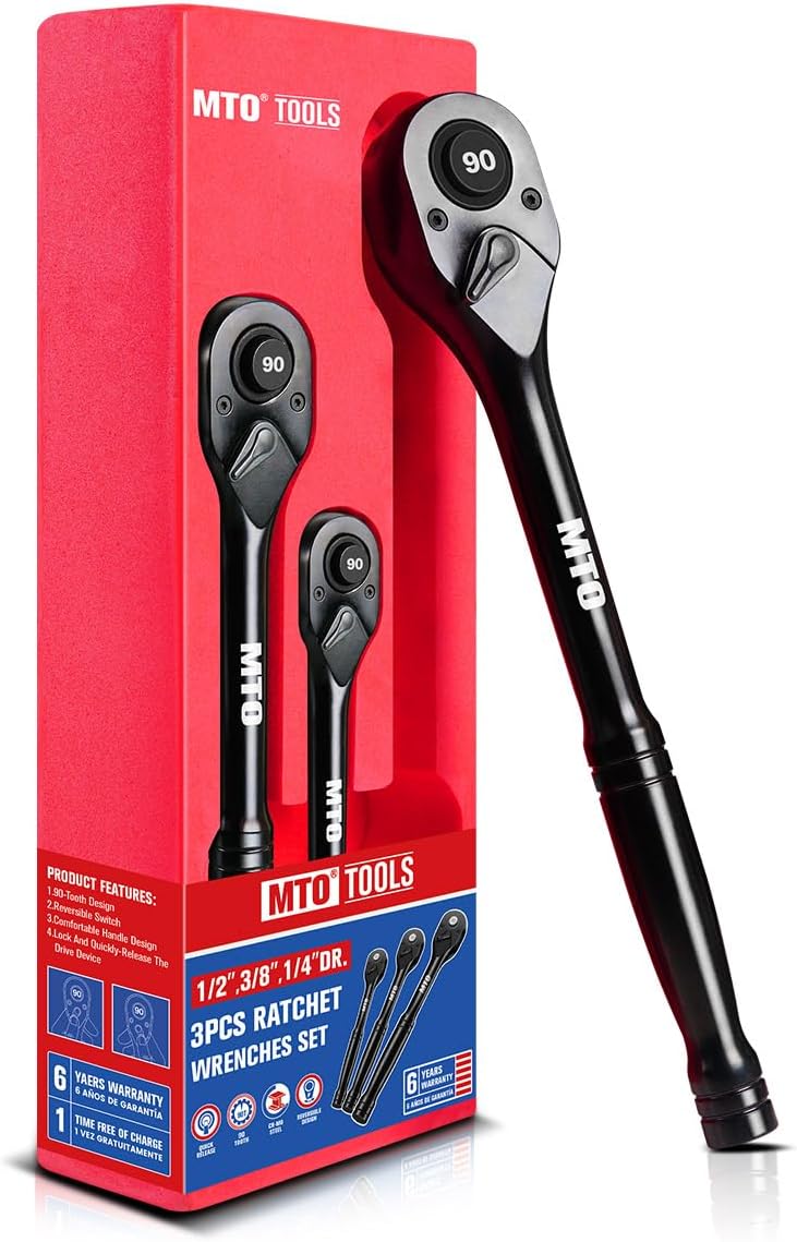 MTO 3-Piece 90 Tooth Ratchet Wrench Set, 1/4”, 3/8”, 1/2” Drive Reversible Ratchets, Ergonomic Handle, Chrome Alloy Made, Quick Release Ratchet